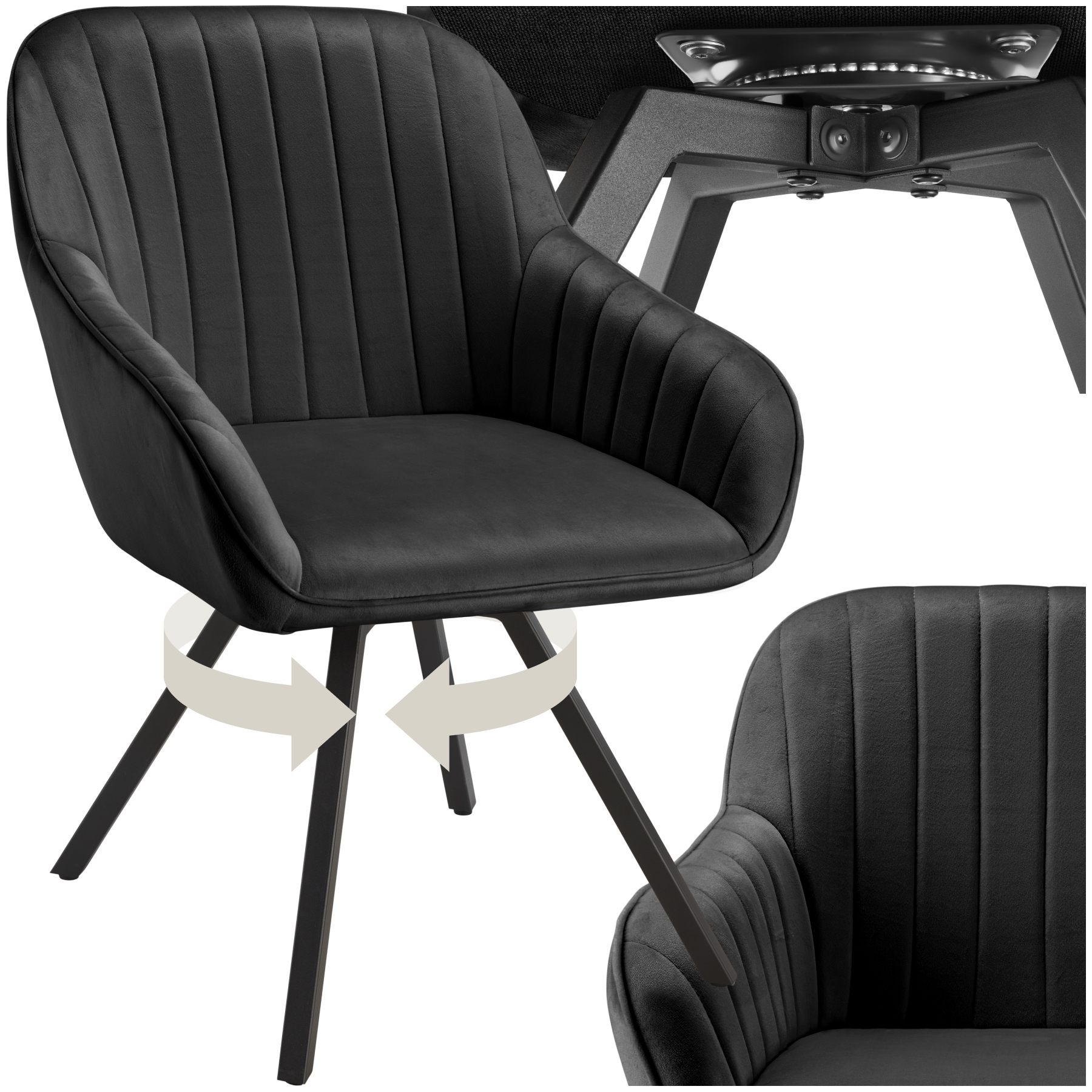 Chaise Pivotante À 360° Avec Accoudoirs En Velours Rembourrée Noir