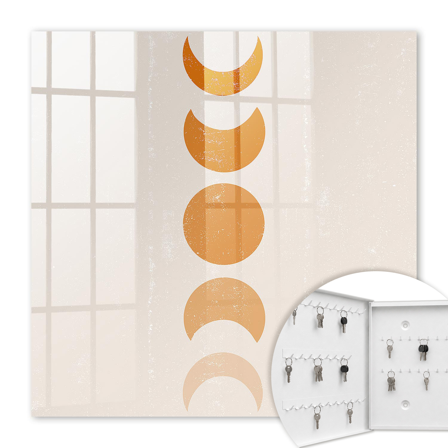 Armoire À Clés - (30 Cm X 30 Cm) - Boîte À Clés Murale - Coffret De Rangement Pour Clés - Couleur Blanche - Ouverture Vers La Gauche - Pour Maison Et Bureau - Phases Lunaires