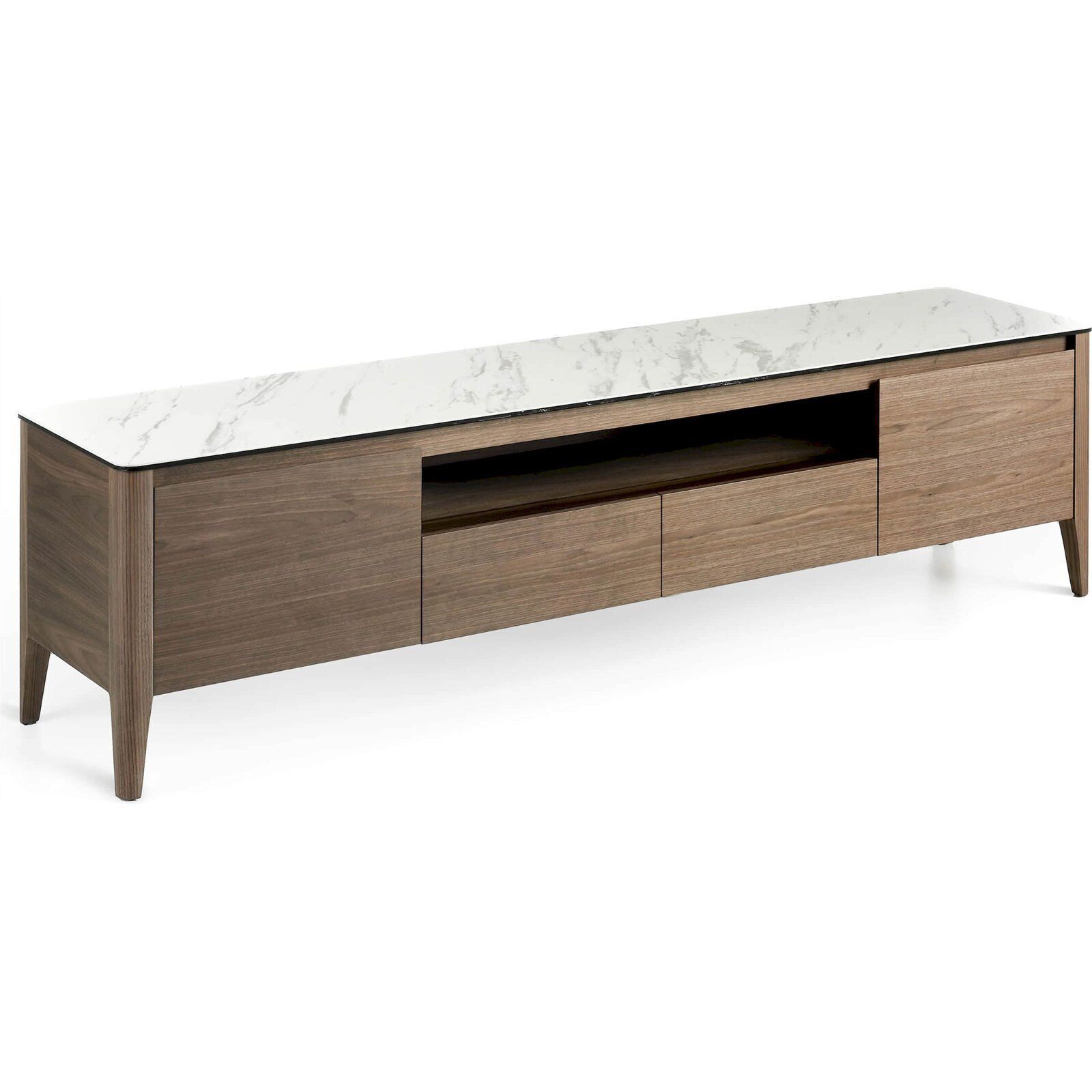 Meuble Tv Bois Revêtement Marbre Céramique Fermeture Souple - Noyer, Blanc, Gris