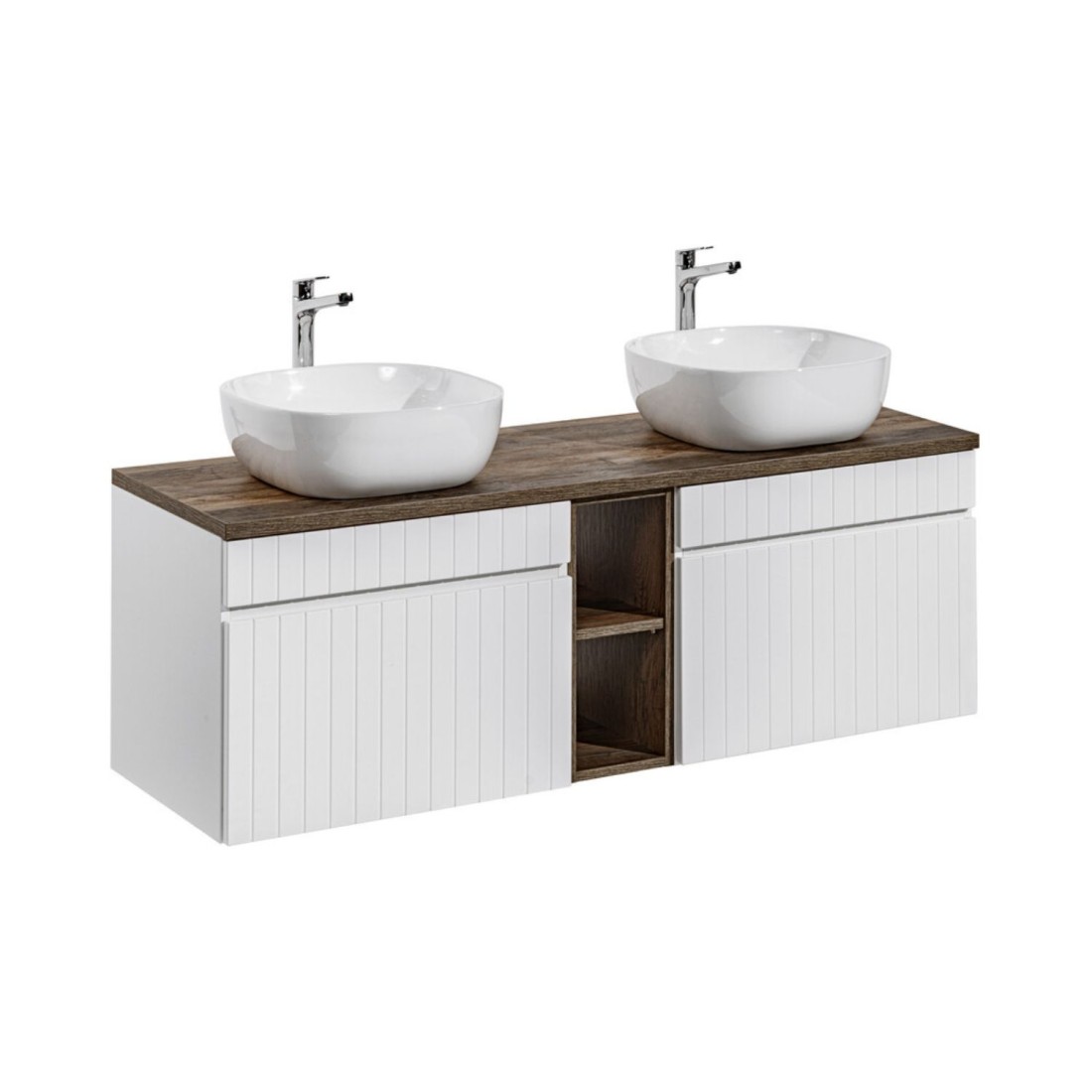 Ensemble Icon Blanc: Meubles Sous Vasque 180cm Avec Niches Visibles + Plan Pour Vasque + Deux Vasques À Poser Blanches