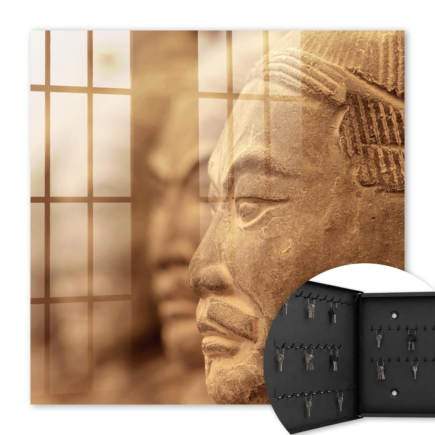 Armoire À Clés - (30 Cm X 30 Cm) - Boîte À Clés Murale - Coffret De Rangement Pour Clés - Couleur Noire - Ouverture Vers La Gauche - Pour Maison Et Bureau - Sculpture Historique
