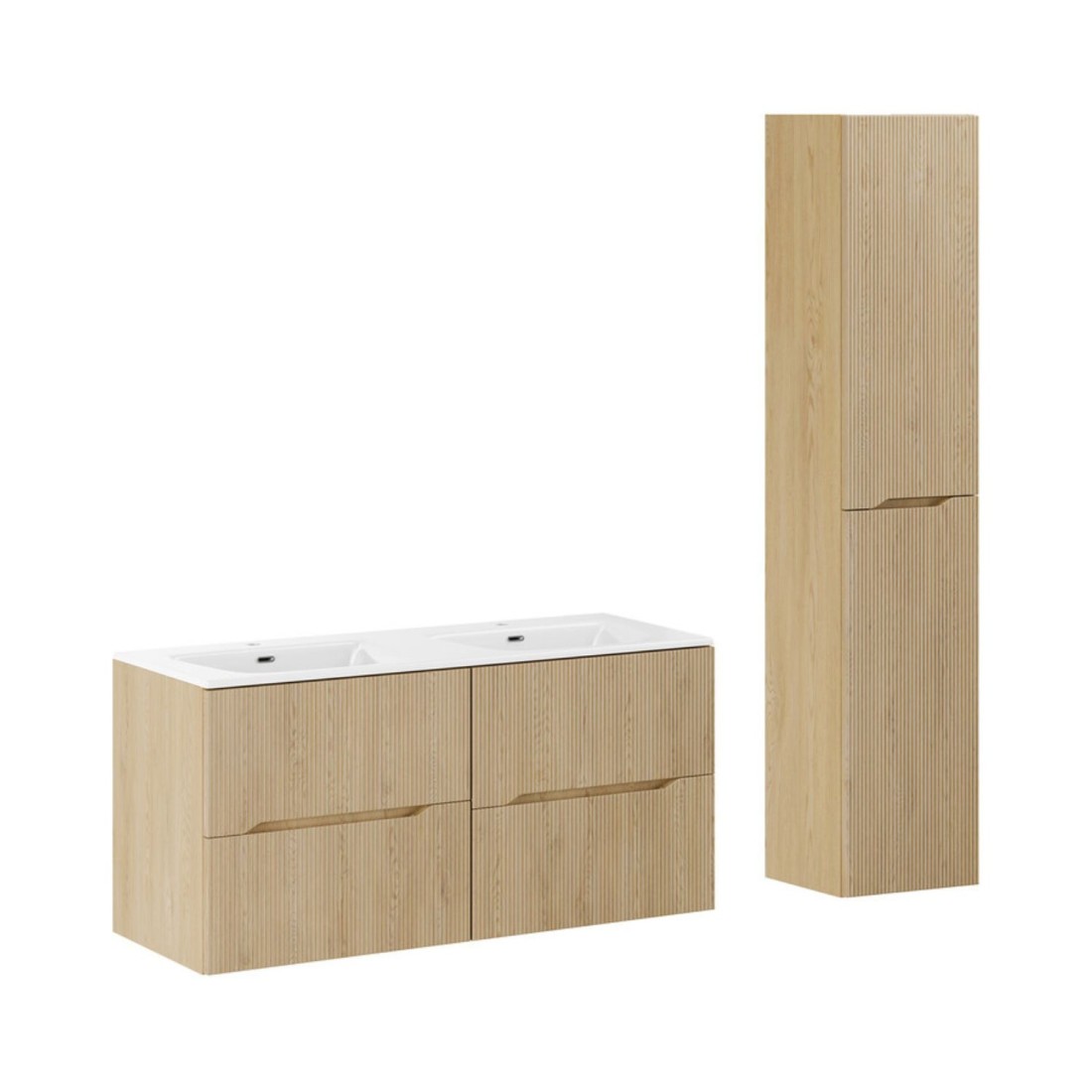 Ensemble De Salle De Bain Suspendu Natura 155cm: Meubles Sous Vasque 60cm + Double Vasque Encastrée + Colonne