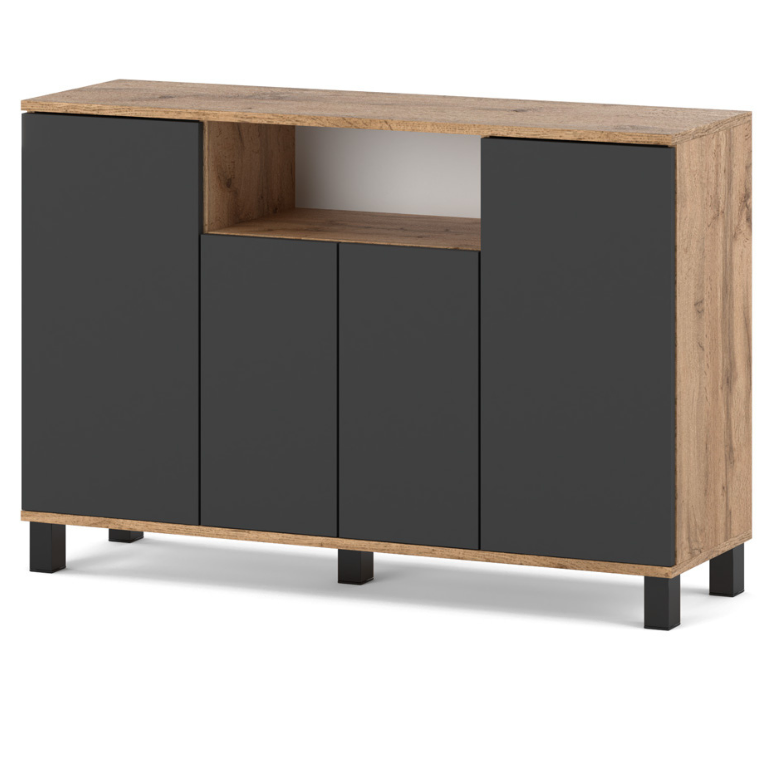 Commode Chêne Wotan + Gris 120 Cm 4 Portes - Meuble Tv Moderne Pour Salon Et Chambre - Buffet De Rangement Design
