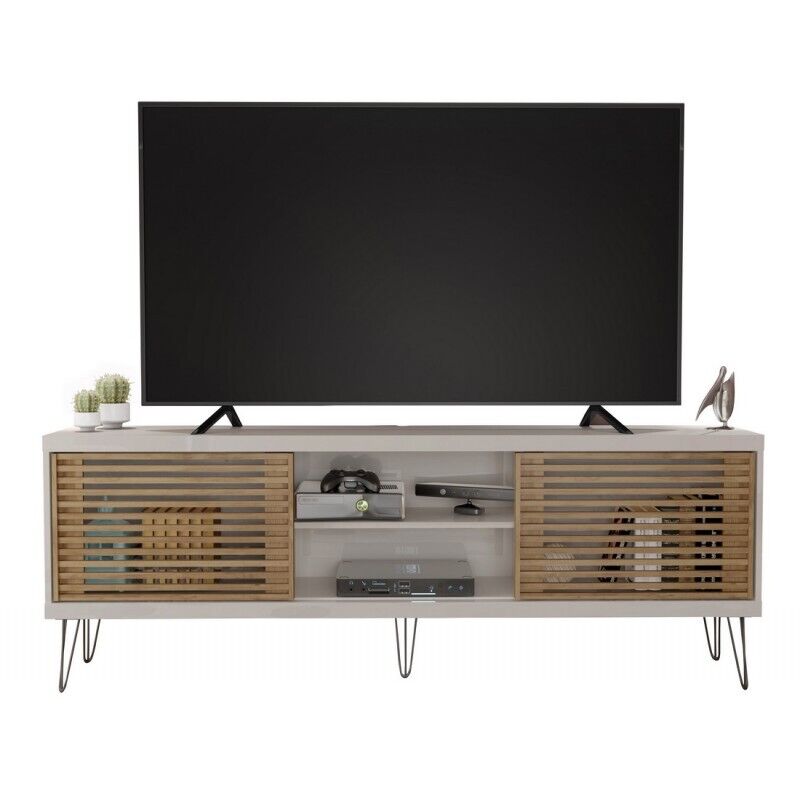 Beaux Meubles Pas Chers - Meuble Tv 72 Pouces Blanc Et Chêne 4 Niches 2 Portes Coulis. L 180 H 65 P 33 Cm