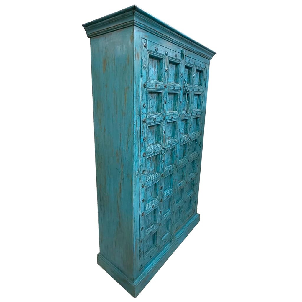 Armoire En Bois Bleu Artisanal 120x46x170h Cm