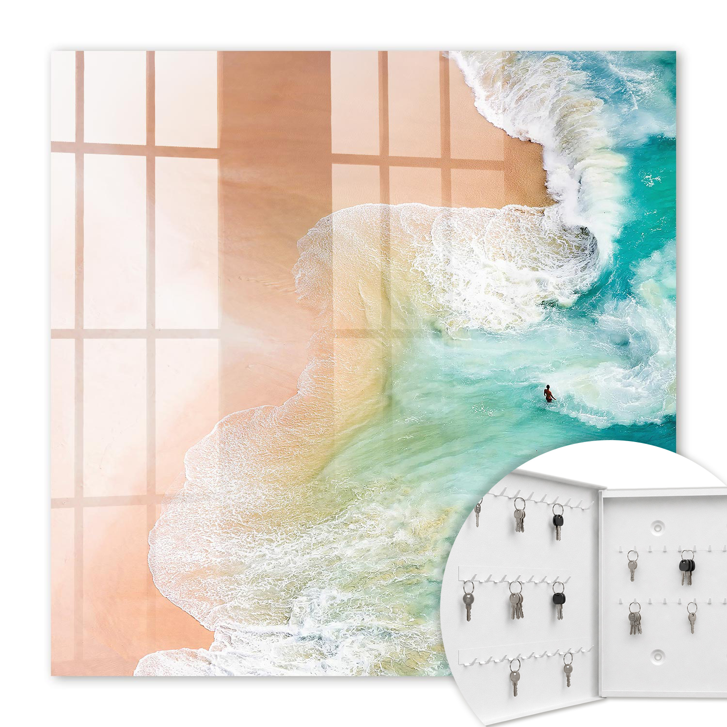 Armoire À Clés - (30 Cm X 30 Cm) - Boîte À Clés Murale - Coffret De Rangement Pour Clés - Couleur Blanche - Ouverture Vers La Gauche - Pour Maison Et Bureau - Plage Turquoise