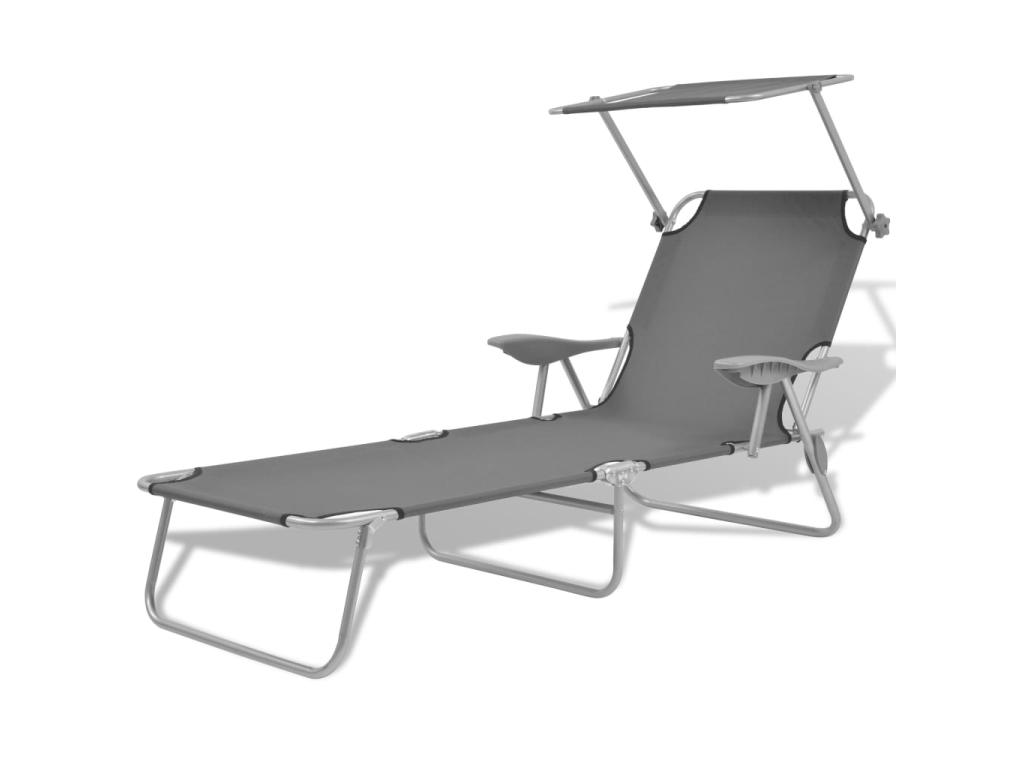 Transat Chaise Longue Bain De Soleil Lit De Jardin Terrasse Meuble D'extérieur Avec Auvent Acier Gris 02_0012265