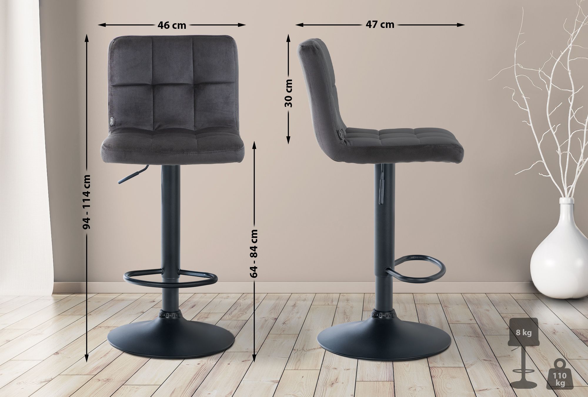 Tabouret De Bar Peru Velours Noir Noir