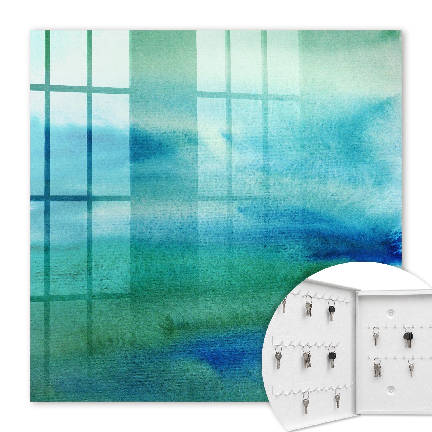 Armoire À Clés - (30 Cm X 30 Cm) - Boîte À Clés Murale - Coffret De Rangement Pour Clés - Couleur Blanche - Ouverture Vers La Gauche - Pour Maison Et Bureau - Bleu Aquarelle