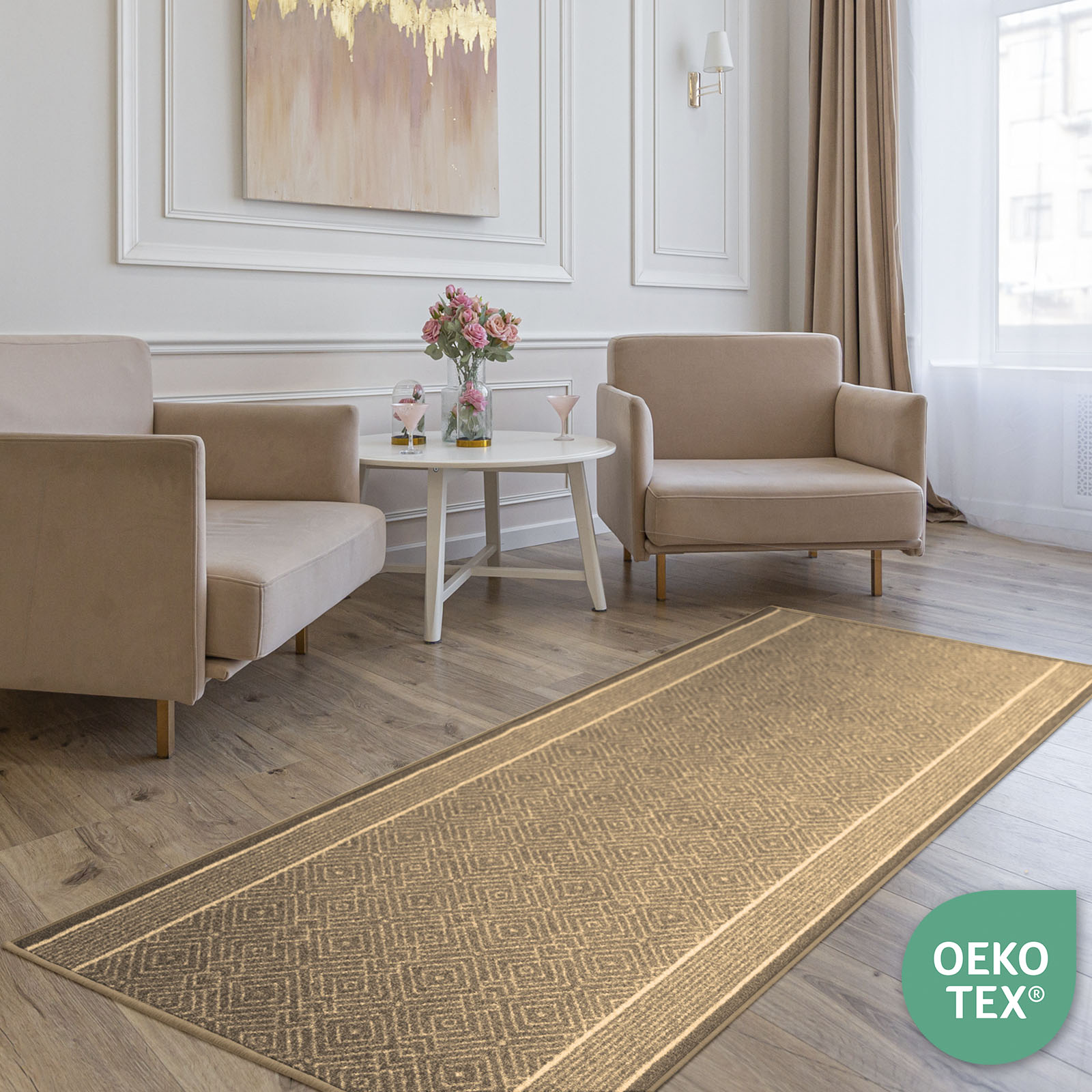 Tapis Sur Mesure Olymp, Tapis D'intérieur Motif Losanges, Beige, 80 X 250 Cm