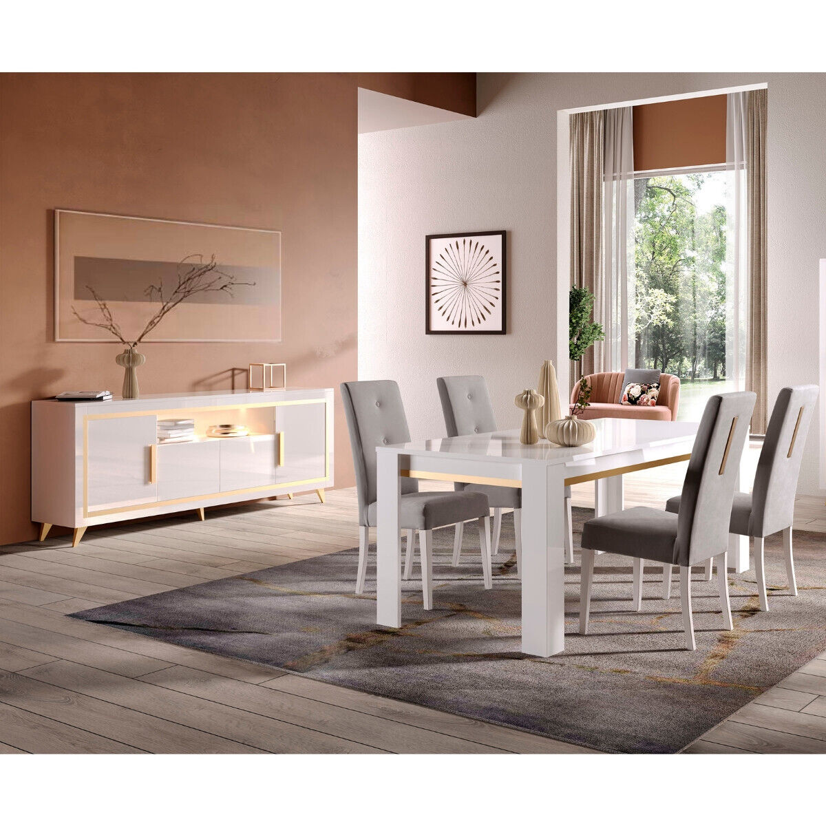 Jemma - Ensemble Séjour Blanc Décor Doré Table 190cm + Buffet Avec Leds