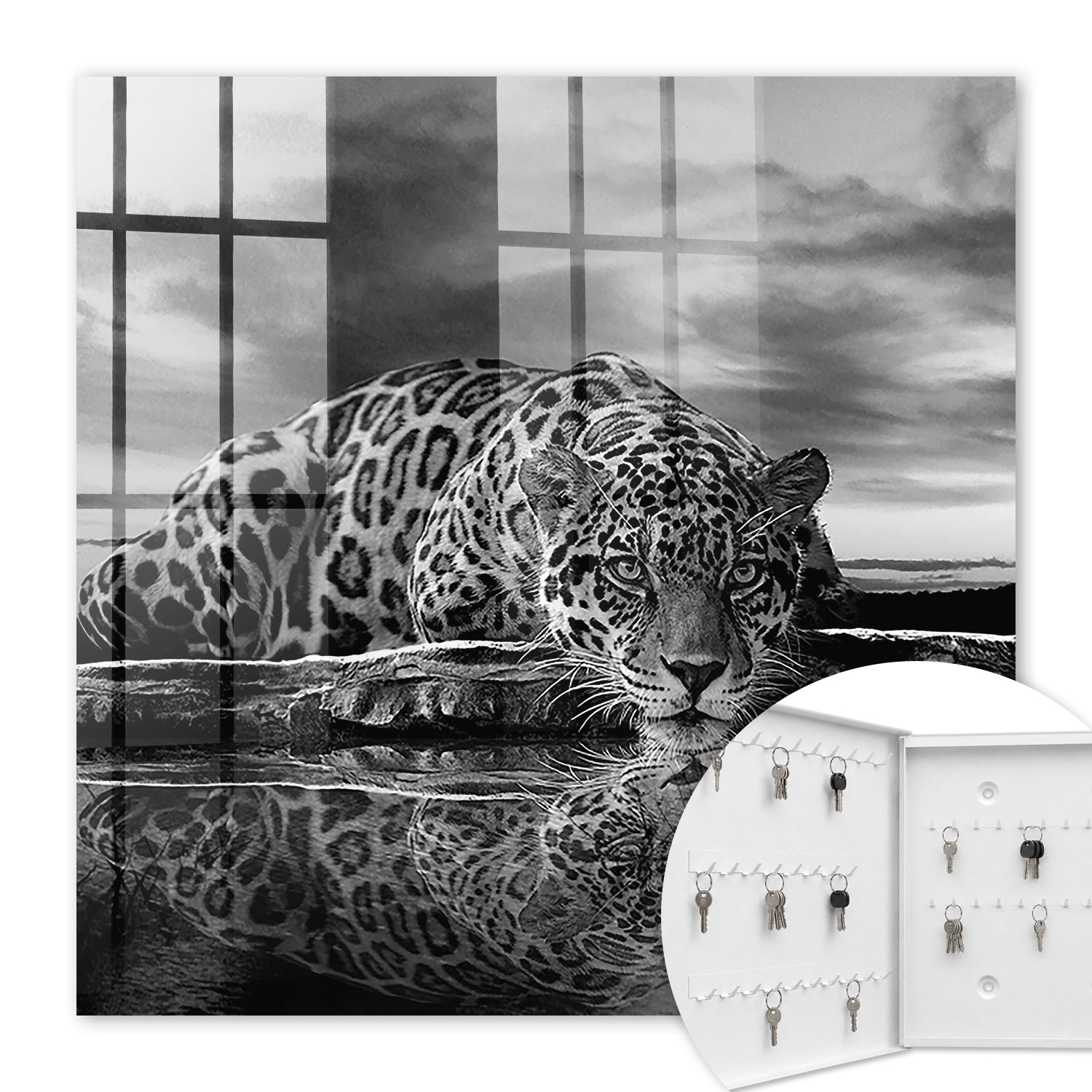 Armoire À Clés - (30 Cm X 30 Cm) - Boîte À Clés Murale - Coffret De Rangement Pour Clés - Couleur Blanche - Ouverture Vers La Gauche - Pour Maison Et Bureau - Des Jaguars Dans L'Eau