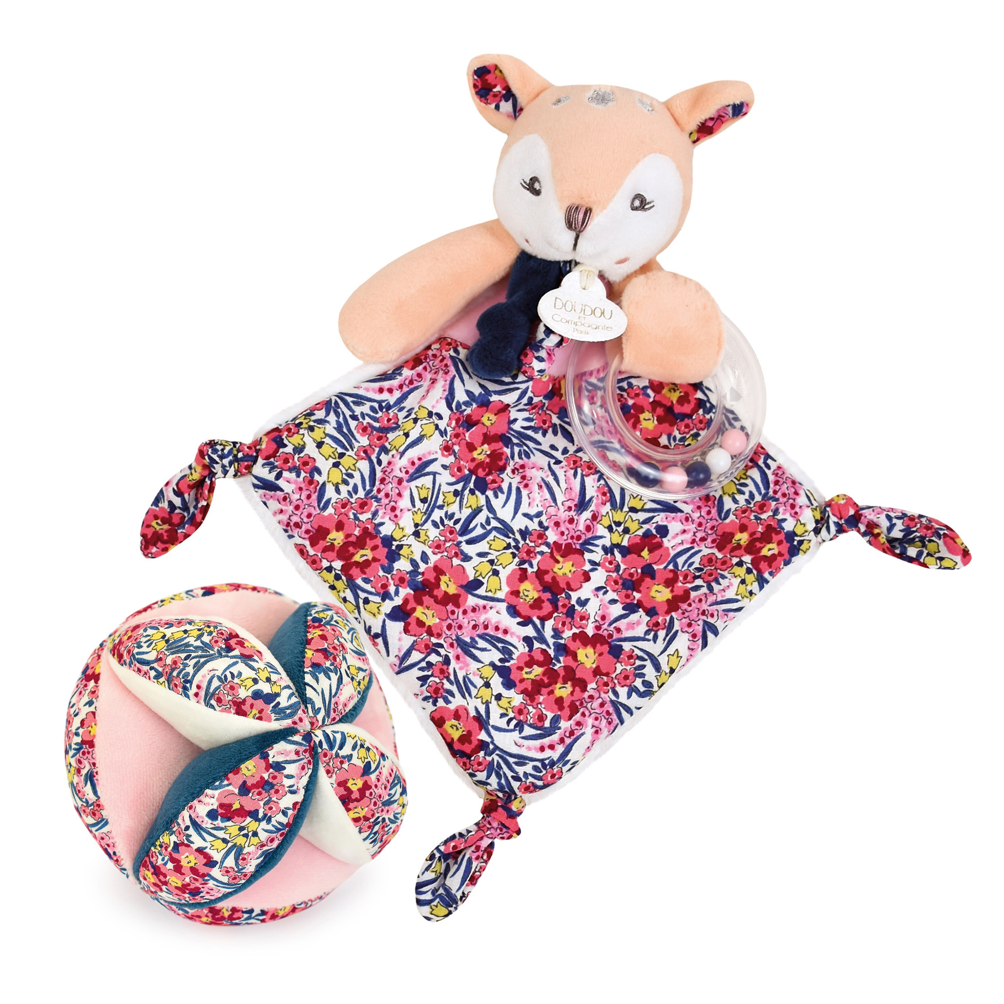 Duo Balle + Doudou Hochet Polyester Duo Boh'aime Faon Rose 2 Pièces