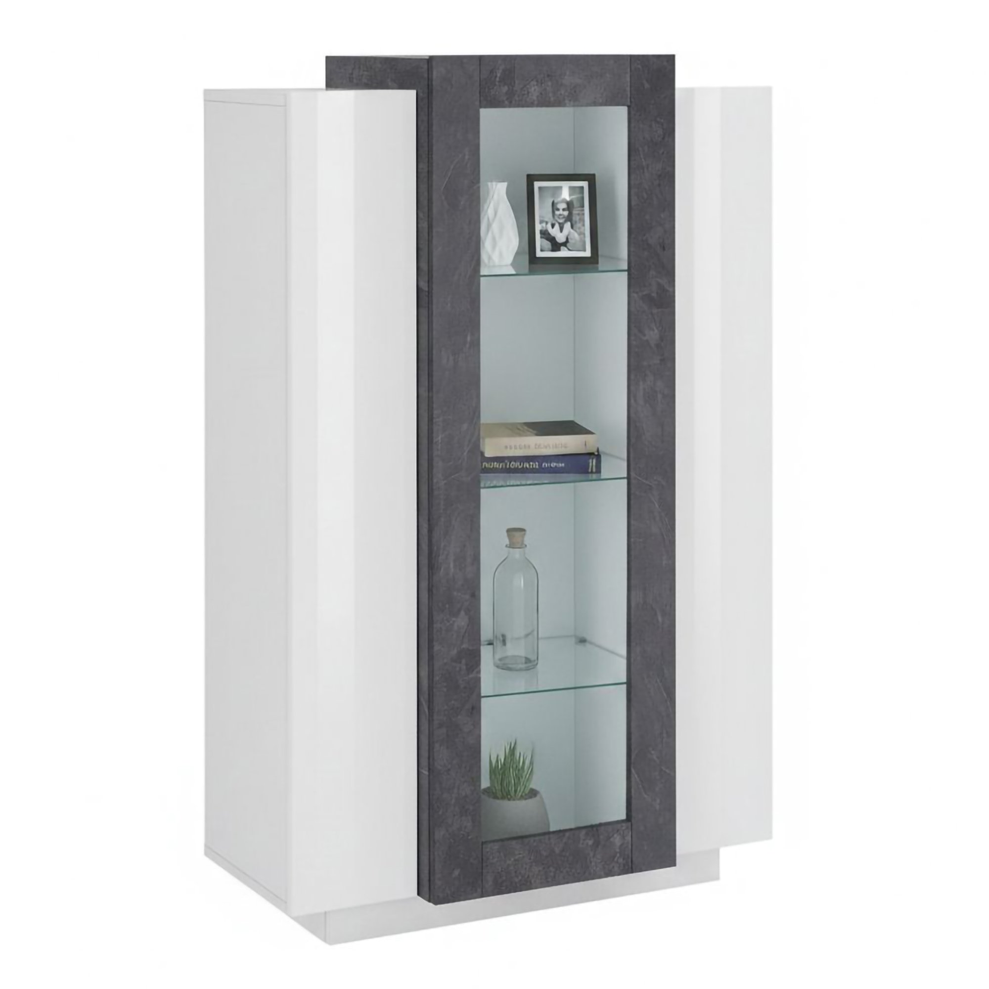 Vitrine, Effet Bois, Blanc Brillant, Ardoise, 80x38h121 Cm