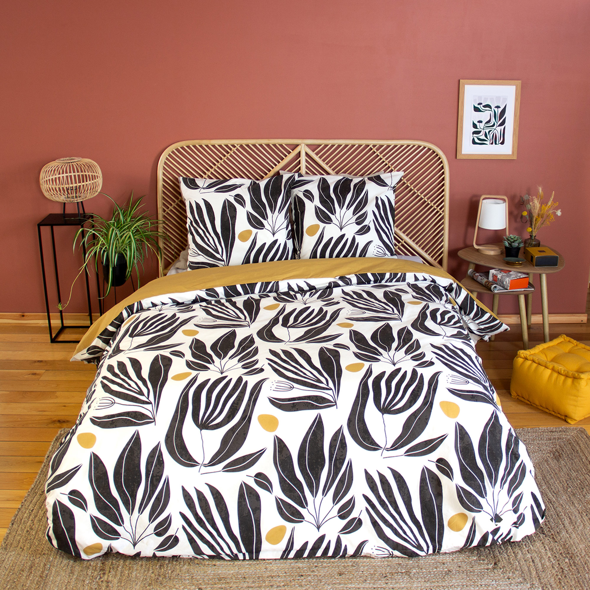 Parure De Lit 240x220 Cm En Coton Nolie Motif Feuillage Blanc Et Jaune 3 Pièces