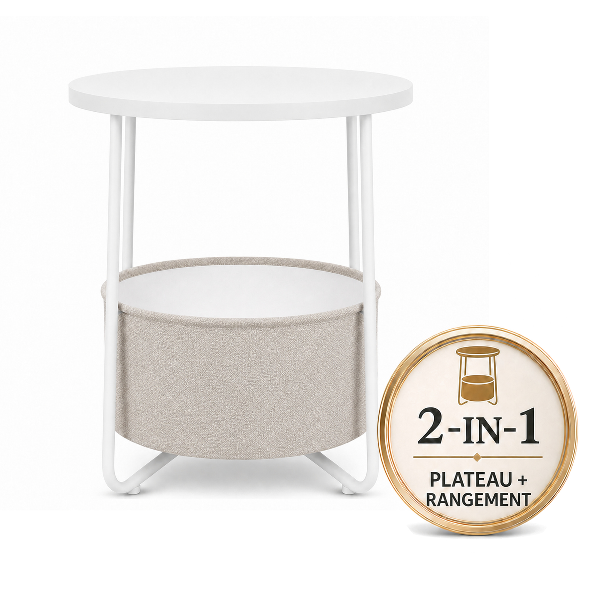 Table D'appoint Luca Table Ronde Avec Panier En Tissu & Rangement Blanc