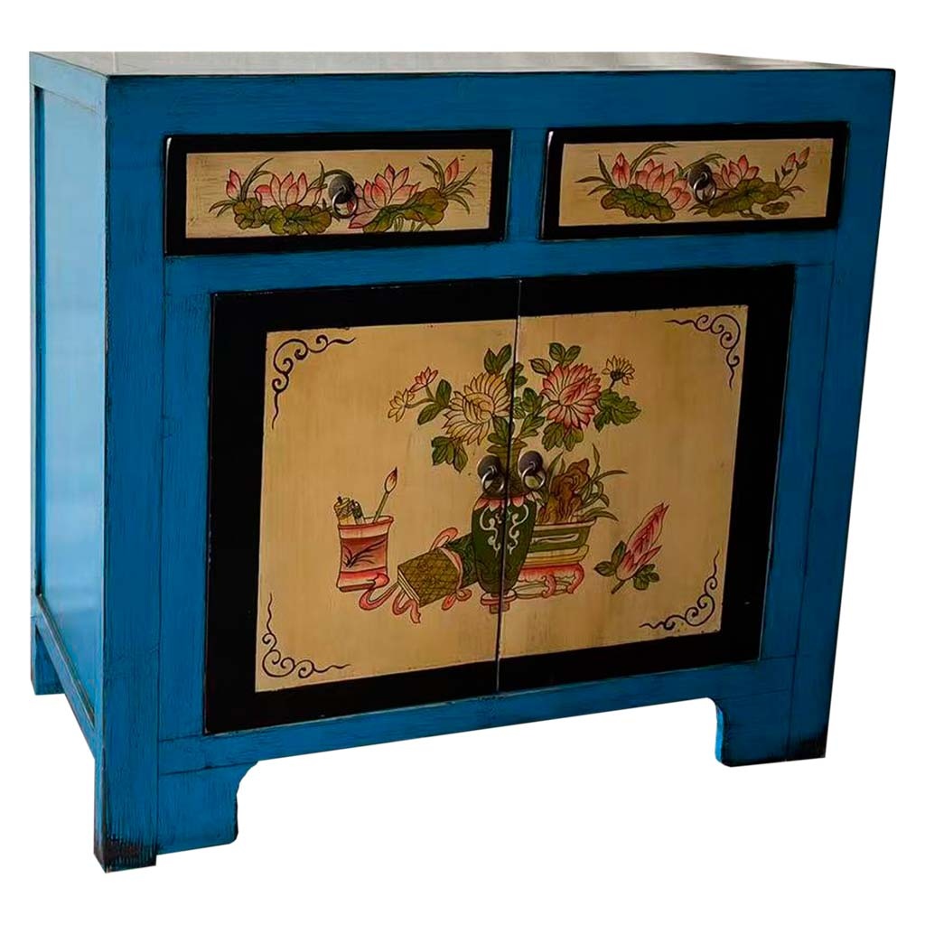 Buffet En Bois Bleu Peint À La Main 90x40x87 Cm