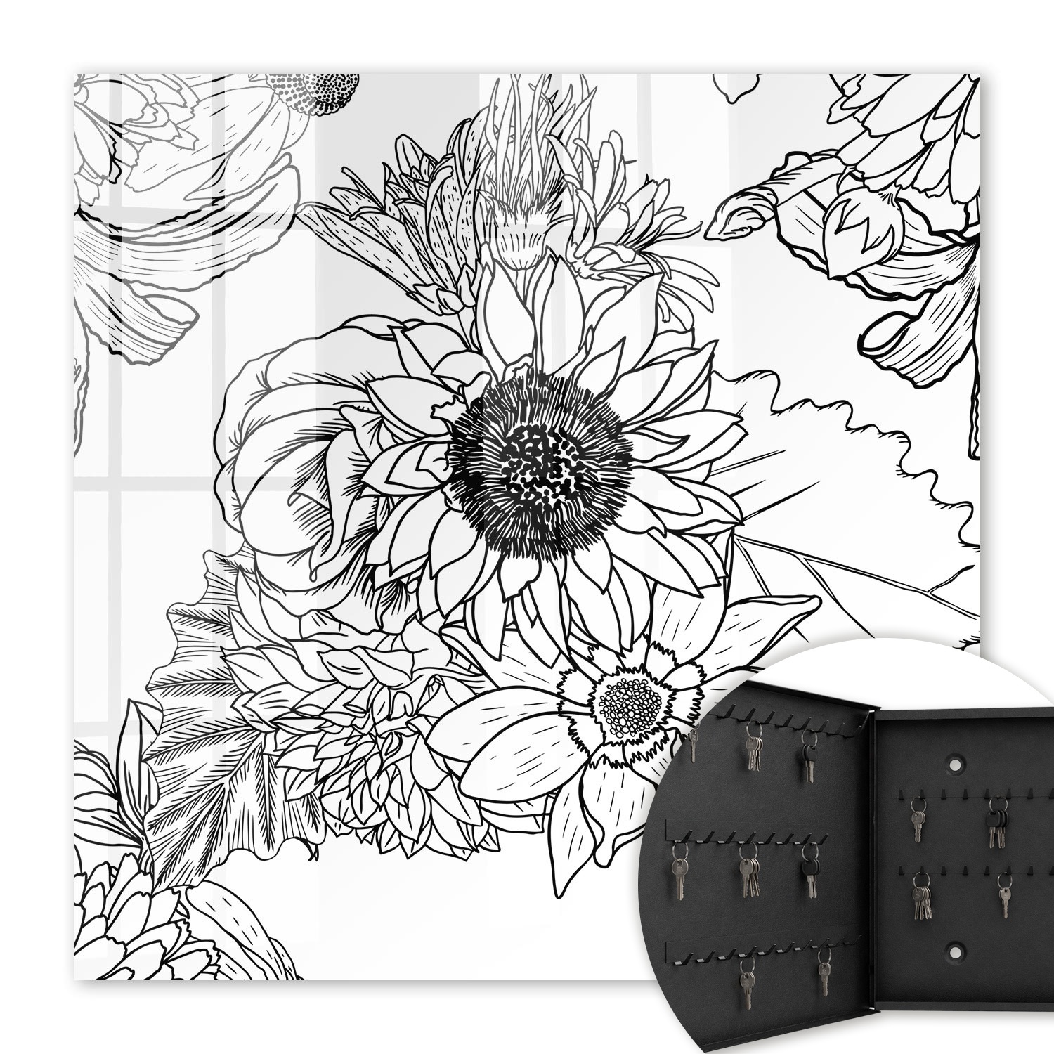 Armoire À Clés - (30 Cm X 30 Cm) - Boîte À Clés Murale - Coffret De Rangement Pour Clés - Couleur Noire - Ouverture Vers La Gauche - Pour Maison Et Bureau - Fleurs Noires Et Blanches