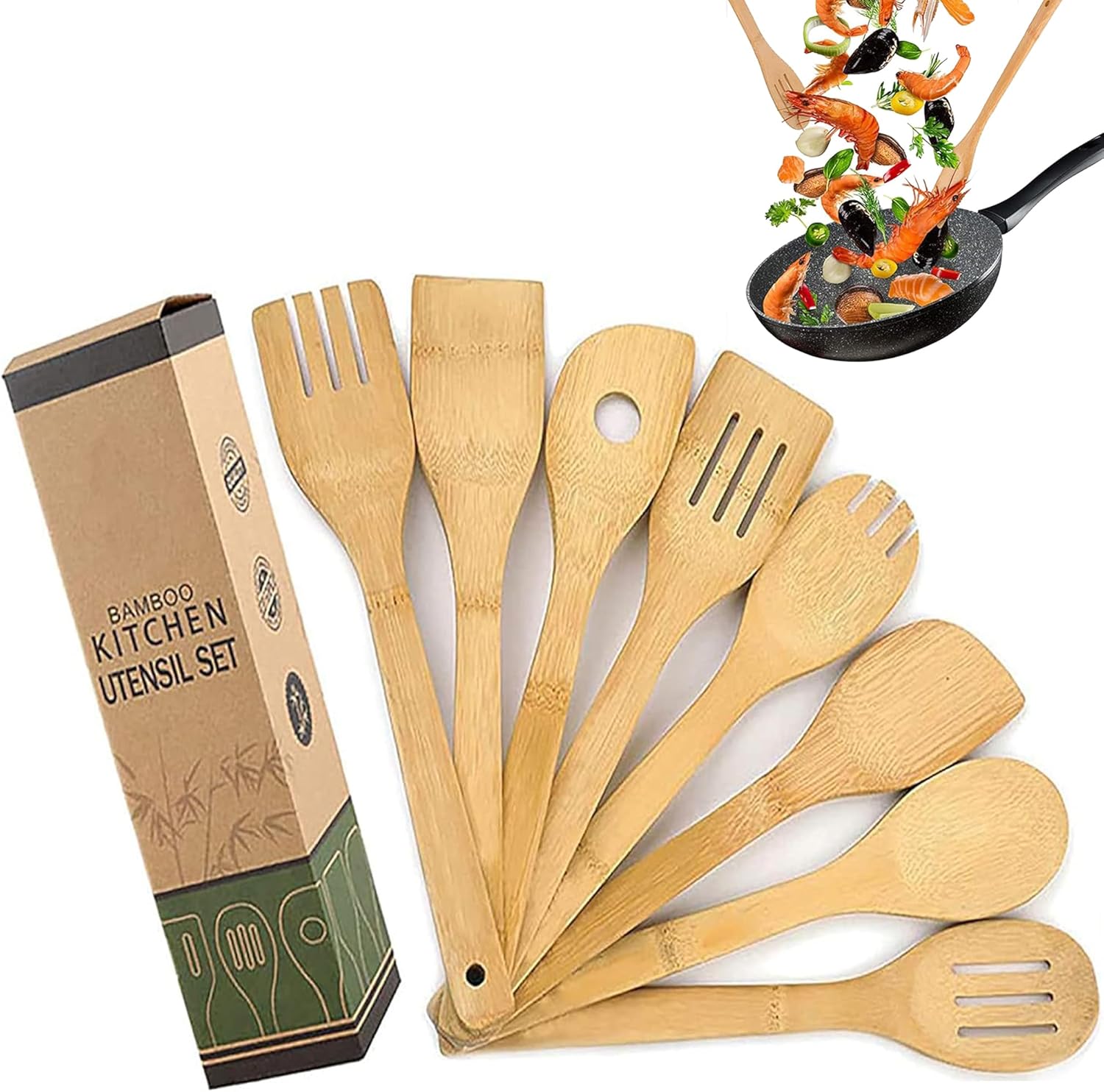 Lot De 8 Ustensiles De Cuisine En Bambou