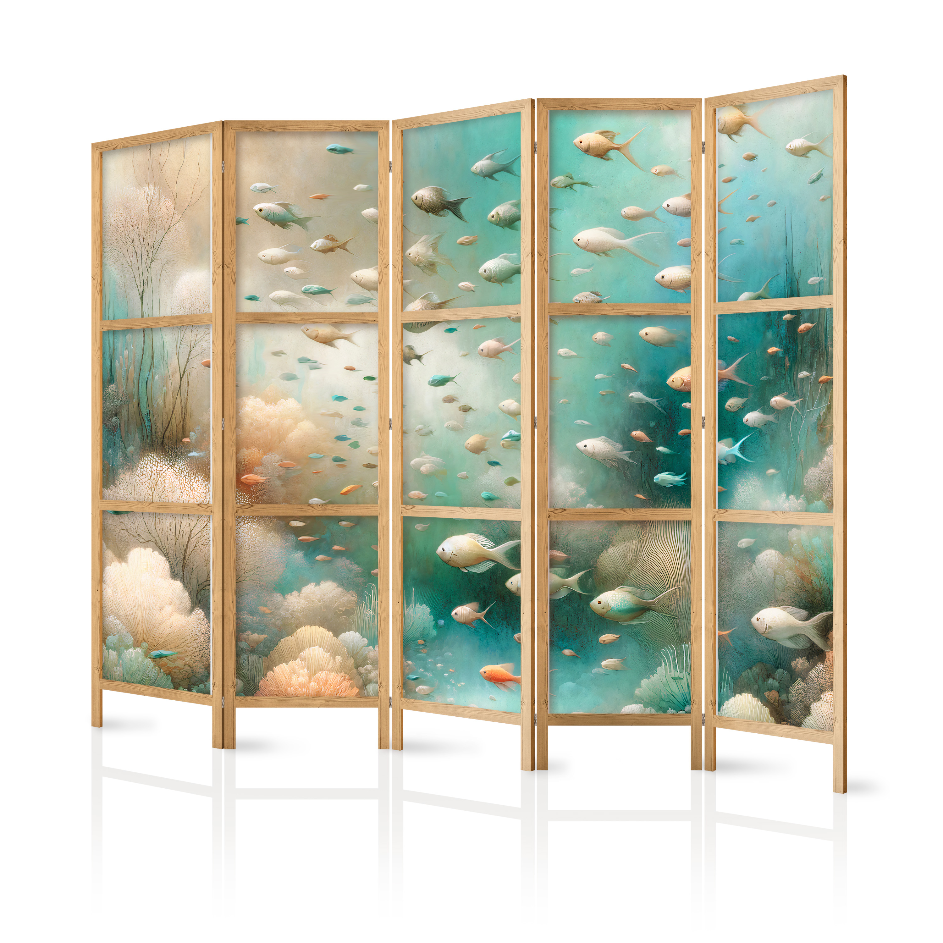 Paravent Japonais -poissons Aux Couleurs Bleu Turquoise, Beige Et Orange Délicat 225x172