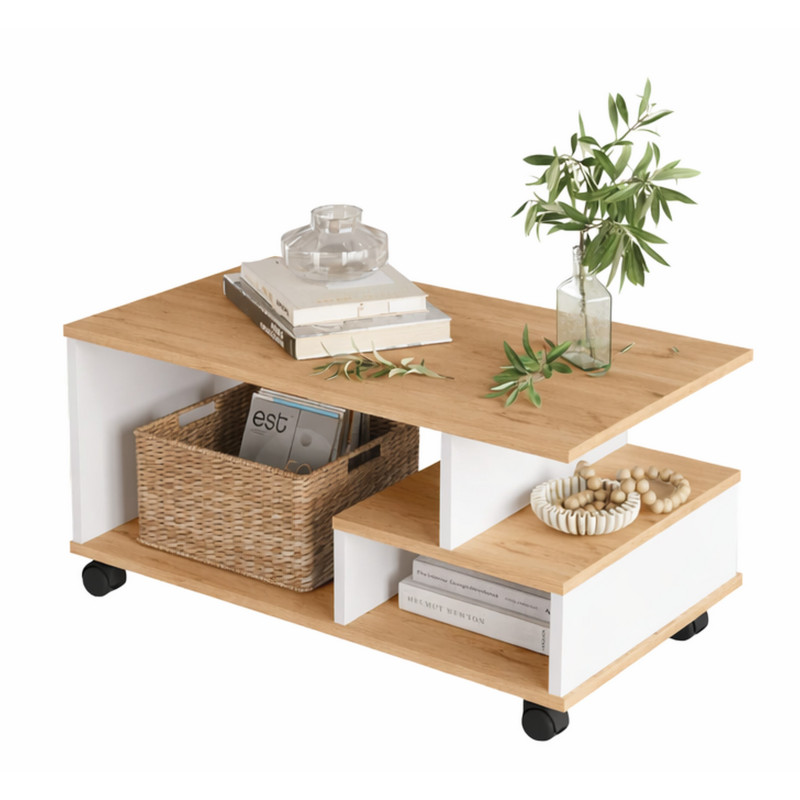 Table Basse Mobile Beaux Meubles Pas Chers 3 Niches 90 X 42,5 X 51 Cm Chêne Blanc Mélaminé