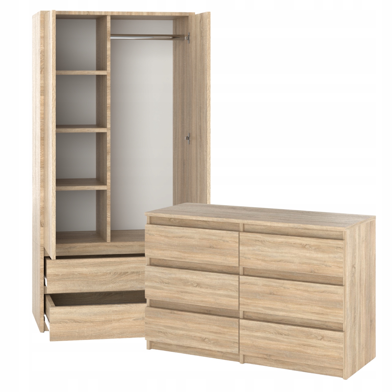 Set De Meuble De Rangement - Armoire 90 Cm + Commode 6 Tiroirs 100cm - Chêne Sonoma - Moderne Et Pratique