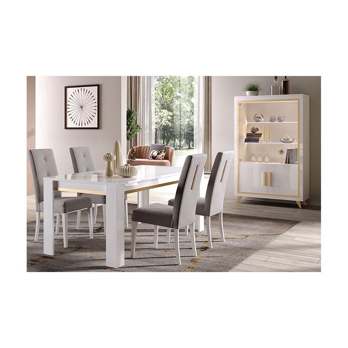 Jemma - Ensemble Séjour Blanc Décor Doré Table 190cm + Vitrine Avec Leds