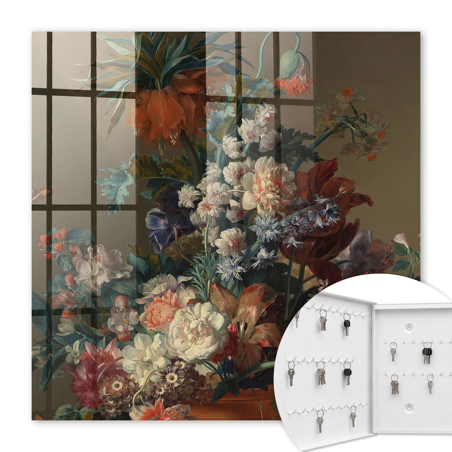 Armoire À Clés - (30 Cm X 30 Cm) - Boîte À Clés Murale - Coffret De Rangement Pour Clés - Couleur Blanche - Ouverture Vers La Gauche - Pour Maison Et Bureau - Bouquet De Fleurs