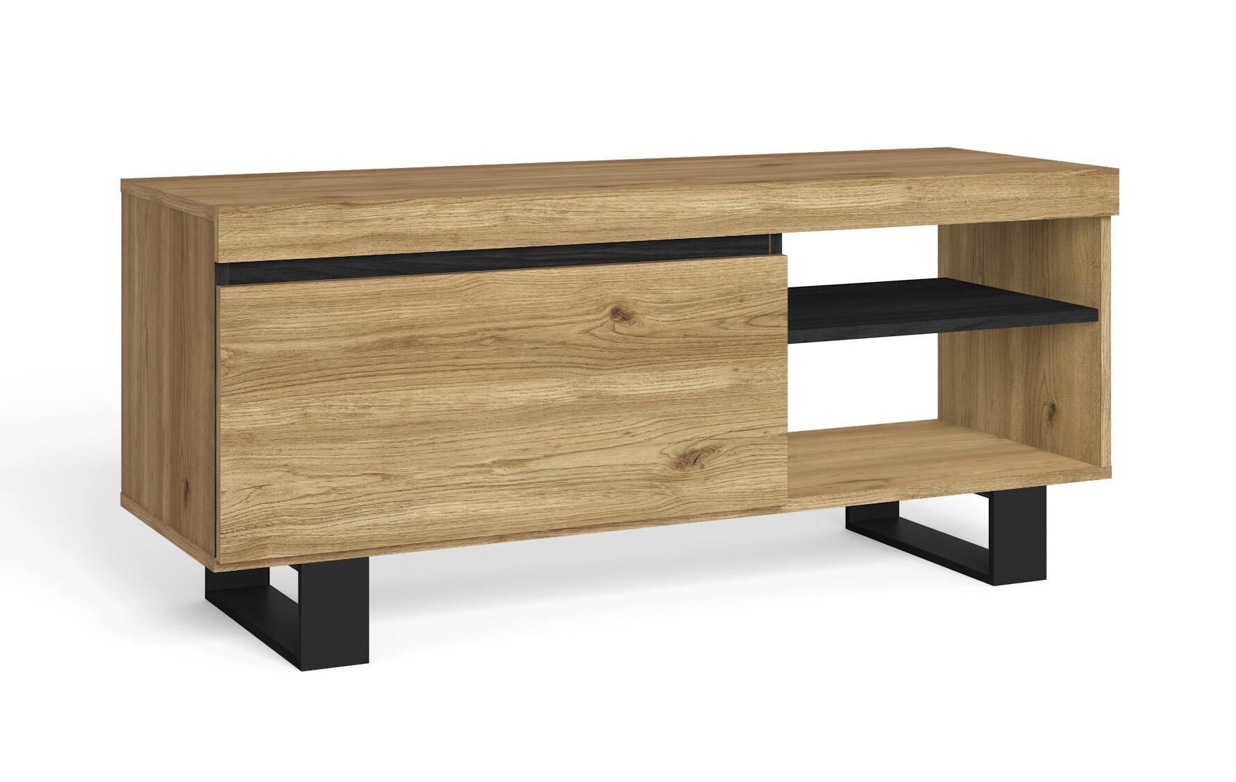 Meuble Tv, 120x40x53cm, Modèle Naturale Chêne Et Noir, 1 Porte Et 2 Logements