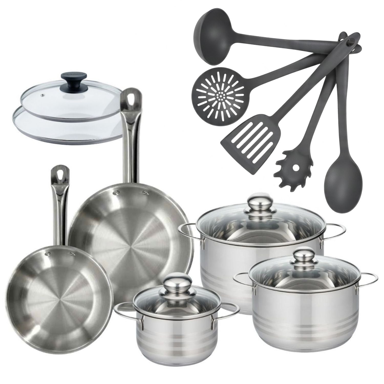 Batterie De Cuisine Avec 3 Faitouts 16/20/24 Cm Et 2 Poêles 20/24 Cm Avec 7 Ustensiles De Cuisine Fackelmann Etherna Brillant Clip Avec Couvercles