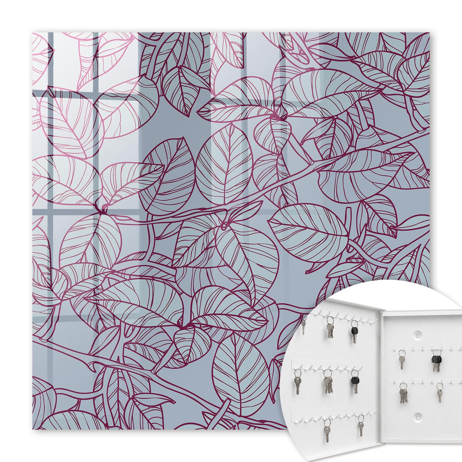 Armoire À Clés - (30 Cm X 30 Cm) - Boîte À Clés Murale - Coffret De Rangement Pour Clés - Couleur Blanche - Ouverture Vers La Gauche - Pour Maison Et Bureau - Feuilles De Bourgogne