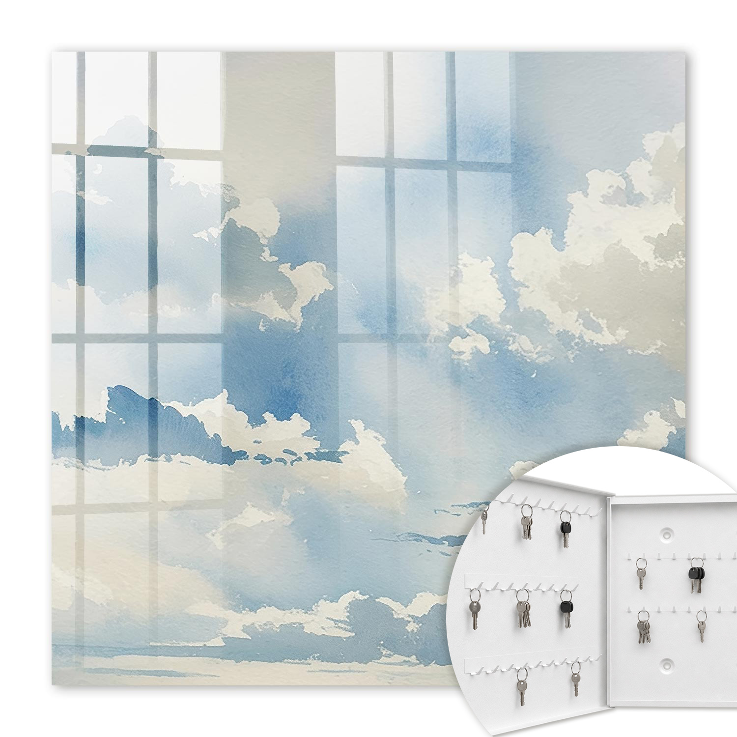 Armoire À Clés - (30 Cm X 30 Cm) - Boîte À Clés Murale - Coffret De Rangement Pour Clés - Couleur Blanche - Ouverture Vers La Gauche - Pour Maison Et Bureau - Nuages dans Le Ciel
