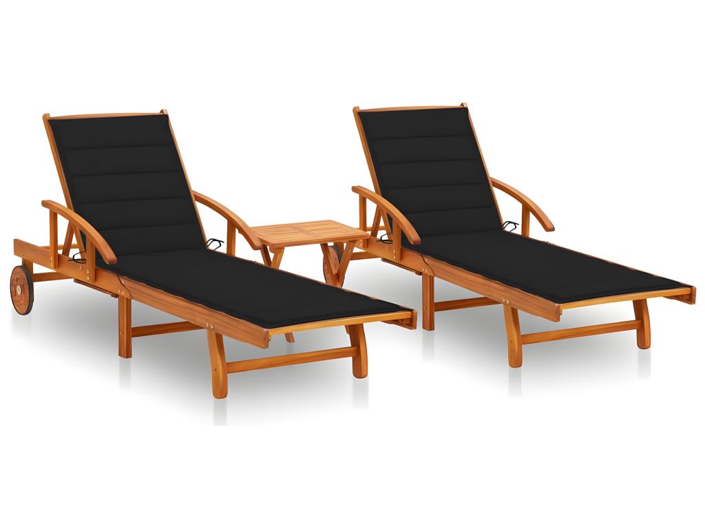 Lot De 2 Transats Chaise Longue Bain De Soleil Lit De Jardin Terrasse Meuble D'extérieur Avec Table Et Coussins Acacia S