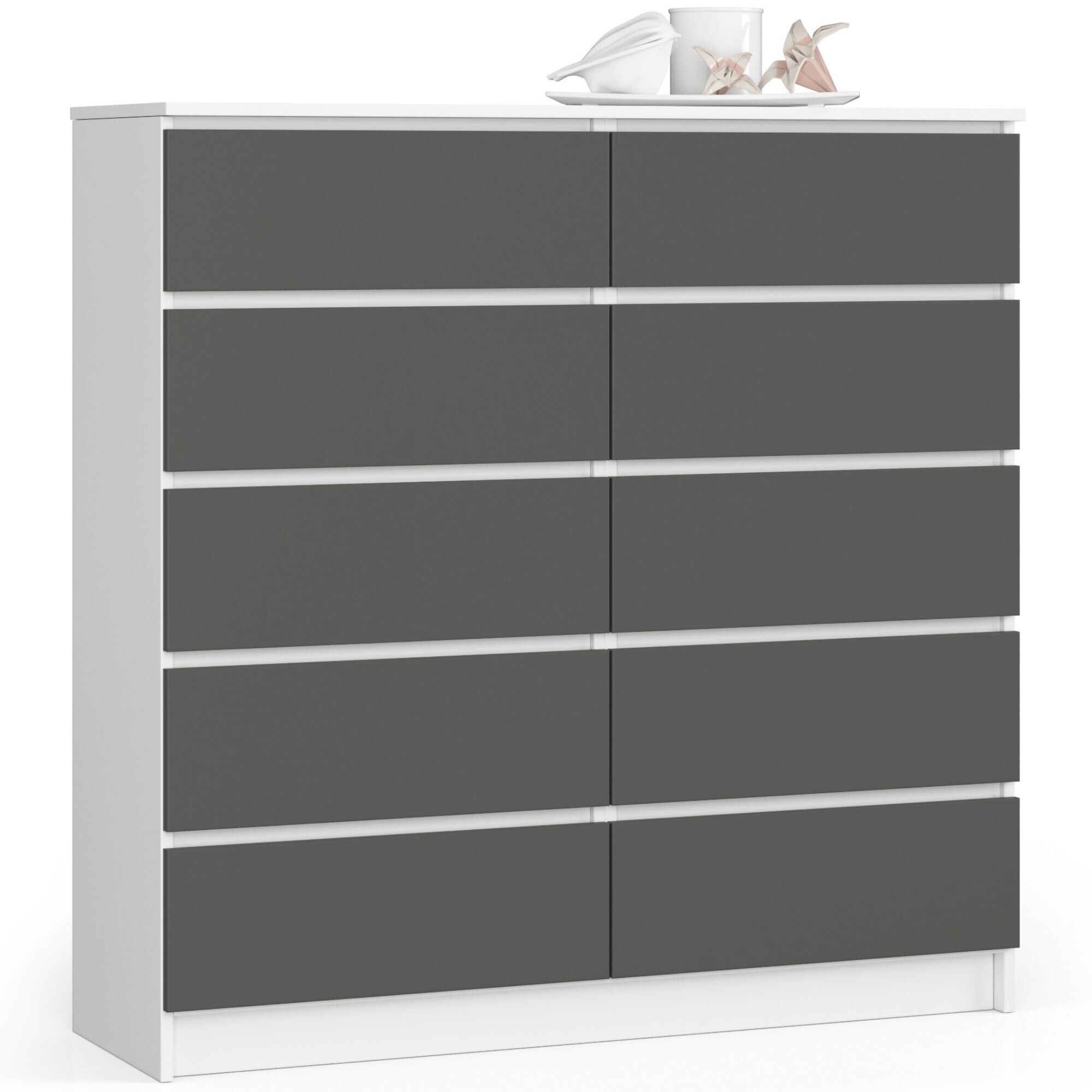 Commode Akord K120 Blanche 120 Cm 10 Tiroirs Façade Gris Graphite 120x40x121 Cm