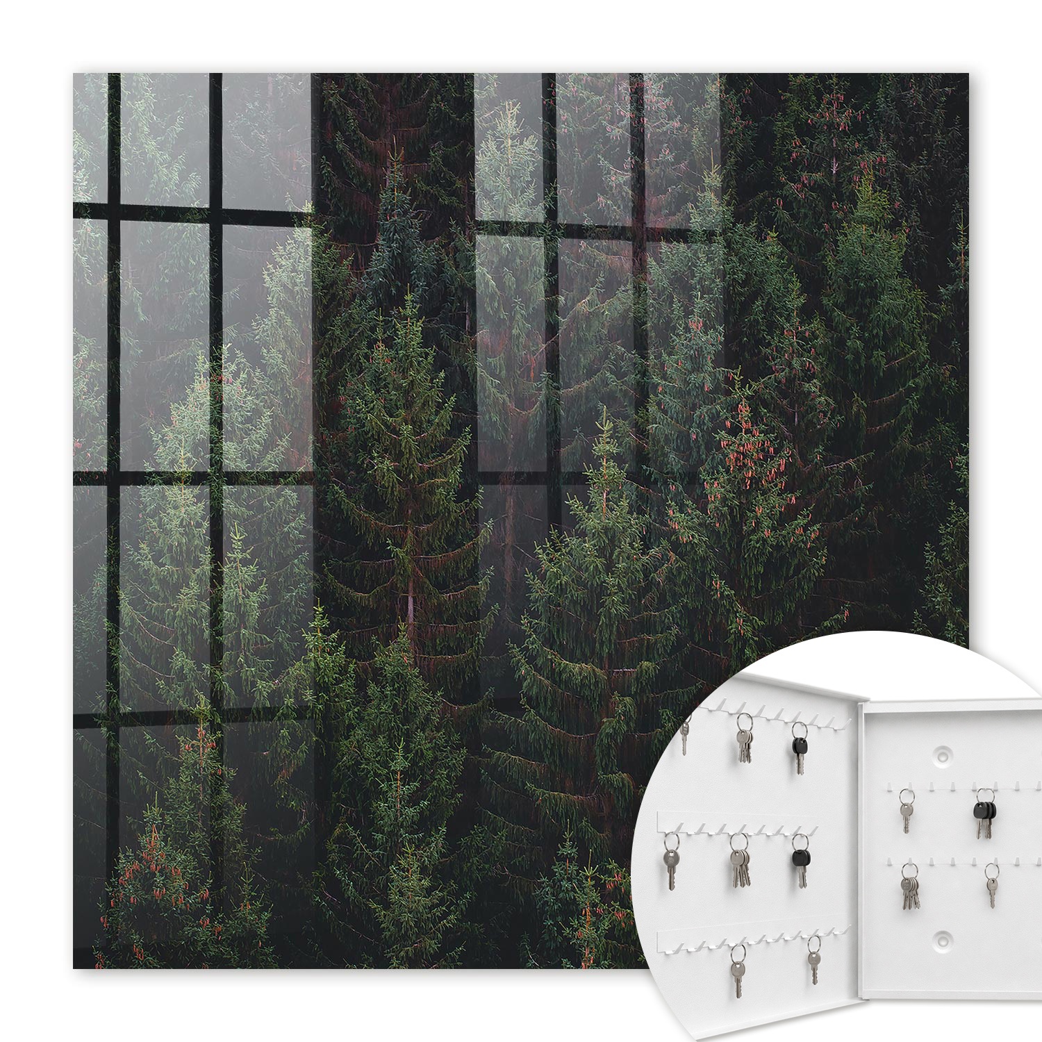 Armoire À Clés - (30 Cm X 30 Cm) - Boîte À Clés Murale - Coffret De Rangement Pour Clés - Couleur Blanche - Ouverture Vers La Gauche - Pour Maison Et Bureau - Forêt Verte