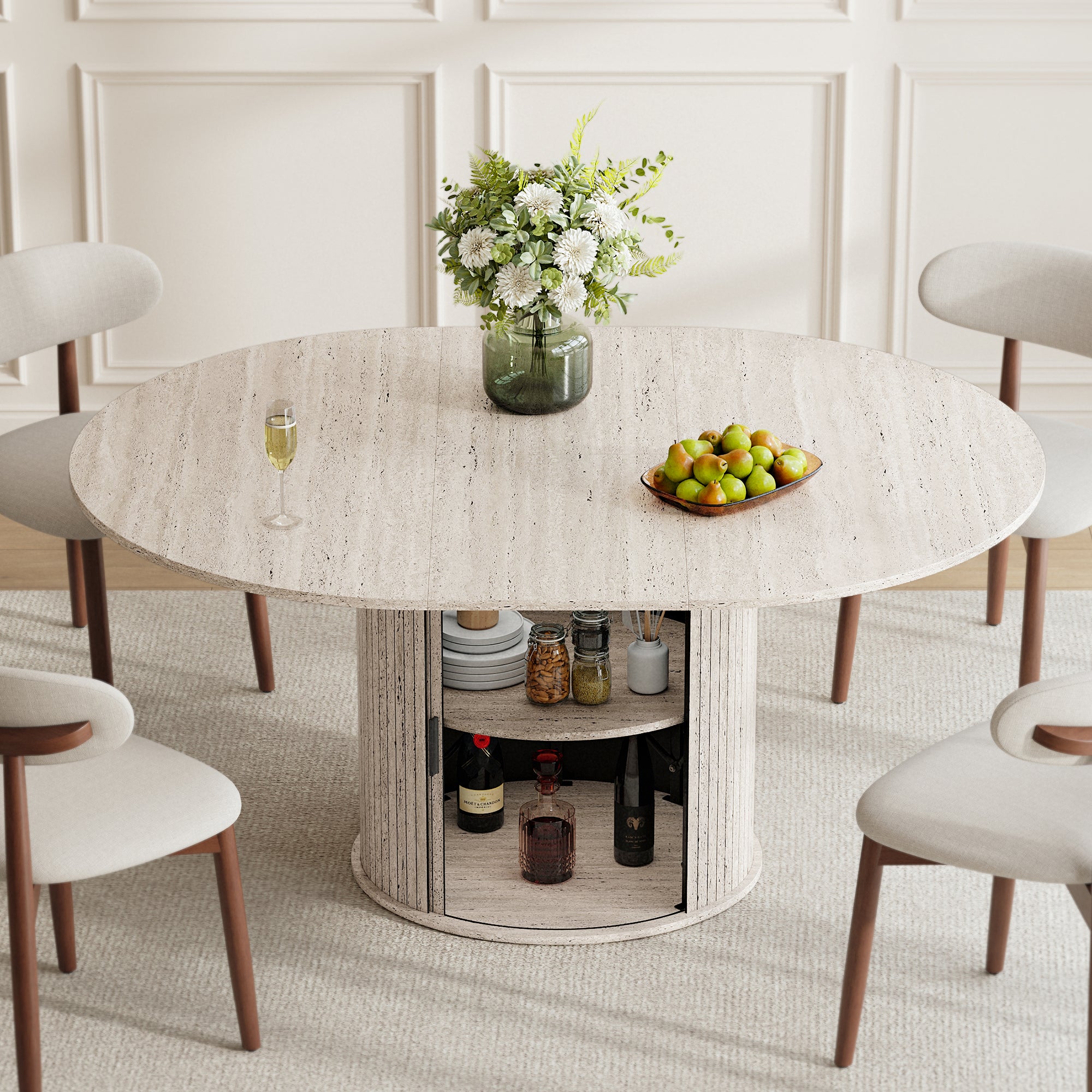 Table Extensible 6 Places En Bois Avec Rangement Intégré, Plateau Rabattable Et Pied Design, Blanc Pierre