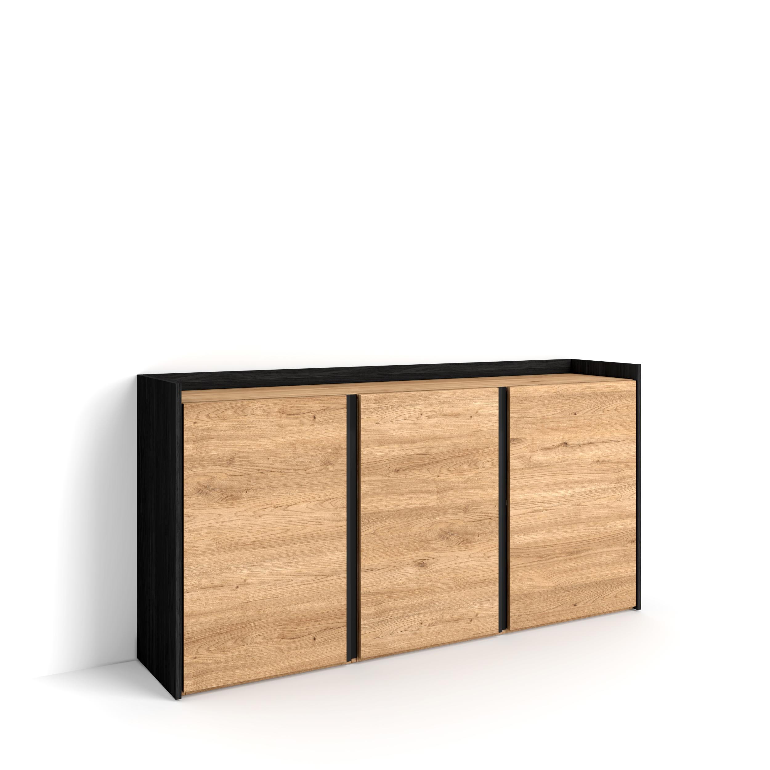 Buffet Salon Et Cuisine, 156x35x80 Cm, 3 Portes, Meuble Chaussure, Chêne Et Noir