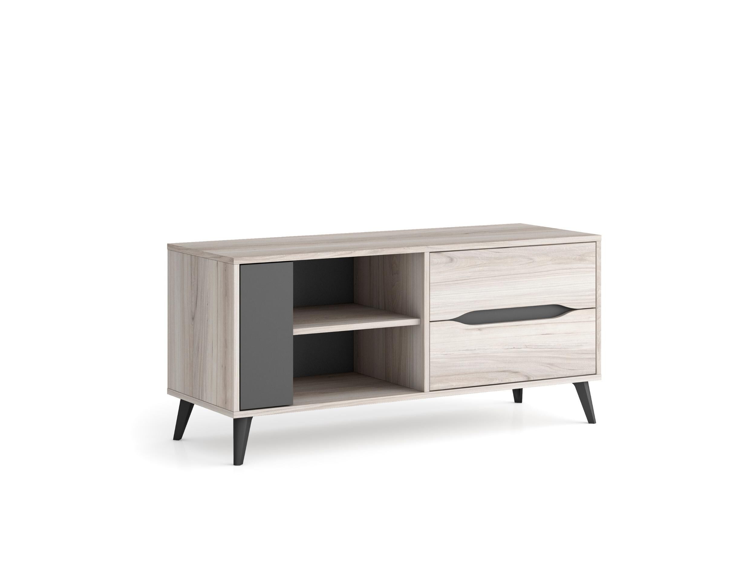 Meuble Tv, 113x40x52cm, 2 Tiroirs + 1 Porte, Modèle Kai, Couleur Chêne, Gris.