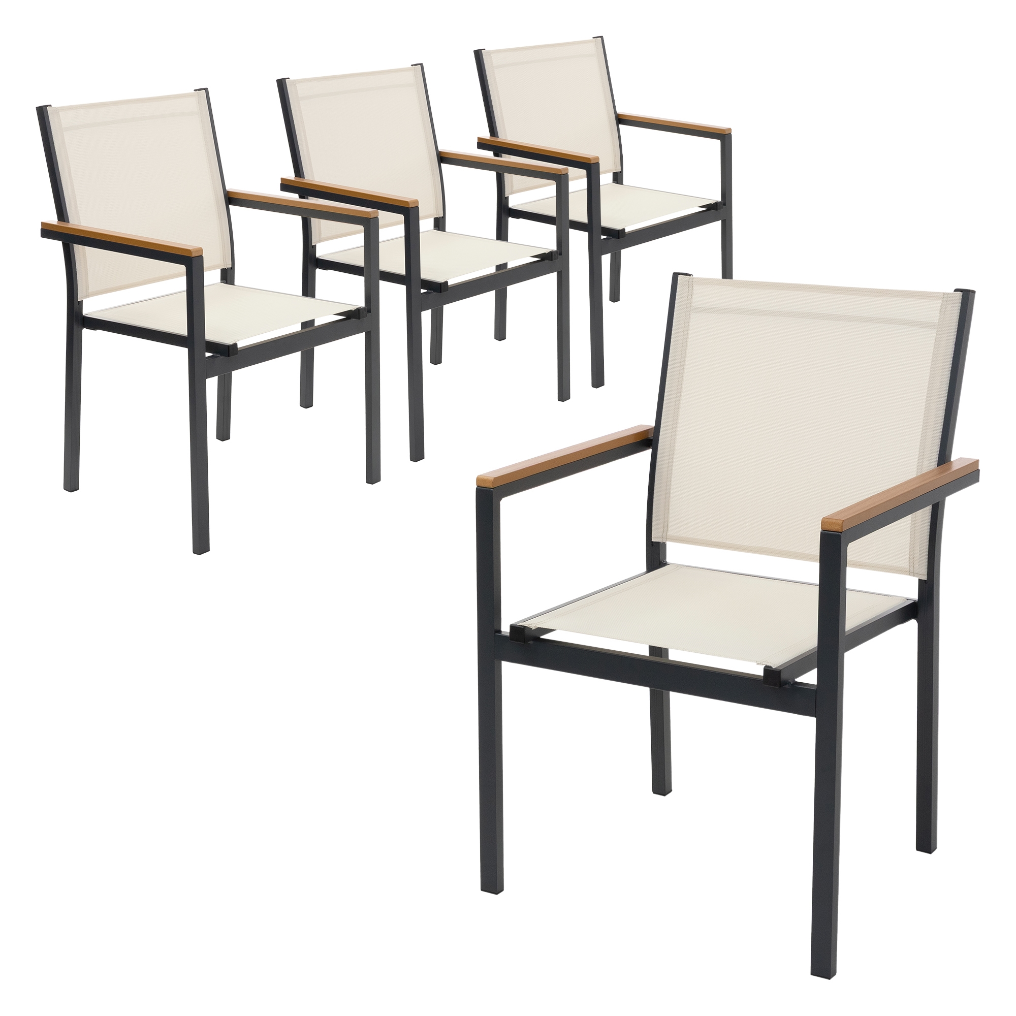Ml-design Lot De 4 Chaises De Jardin Avec Accoudoirs Aspect Bois, Beige, Structure En Aluminium Anthracite, Fauteuils En Tissu Textilène, Siège Empilable De Terrasse Balcon, Résistant Aux Intempéries