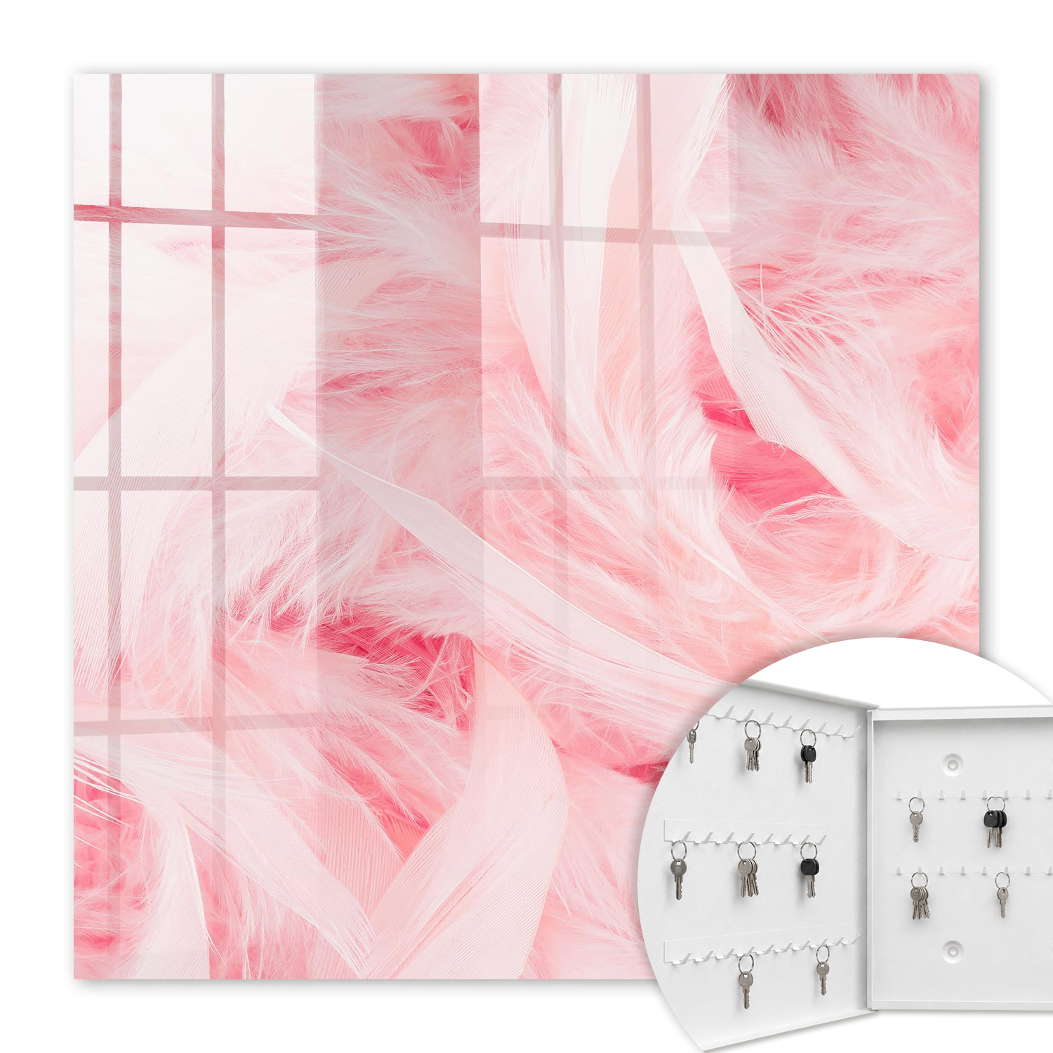 Armoire À Clés - (30 Cm X 30 Cm) - Boîte À Clés Murale - Coffret De Rangement Pour Clés - Couleur Blanche - Ouverture Vers La Gauche - Pour Maison Et Bureau - Plumes Roses