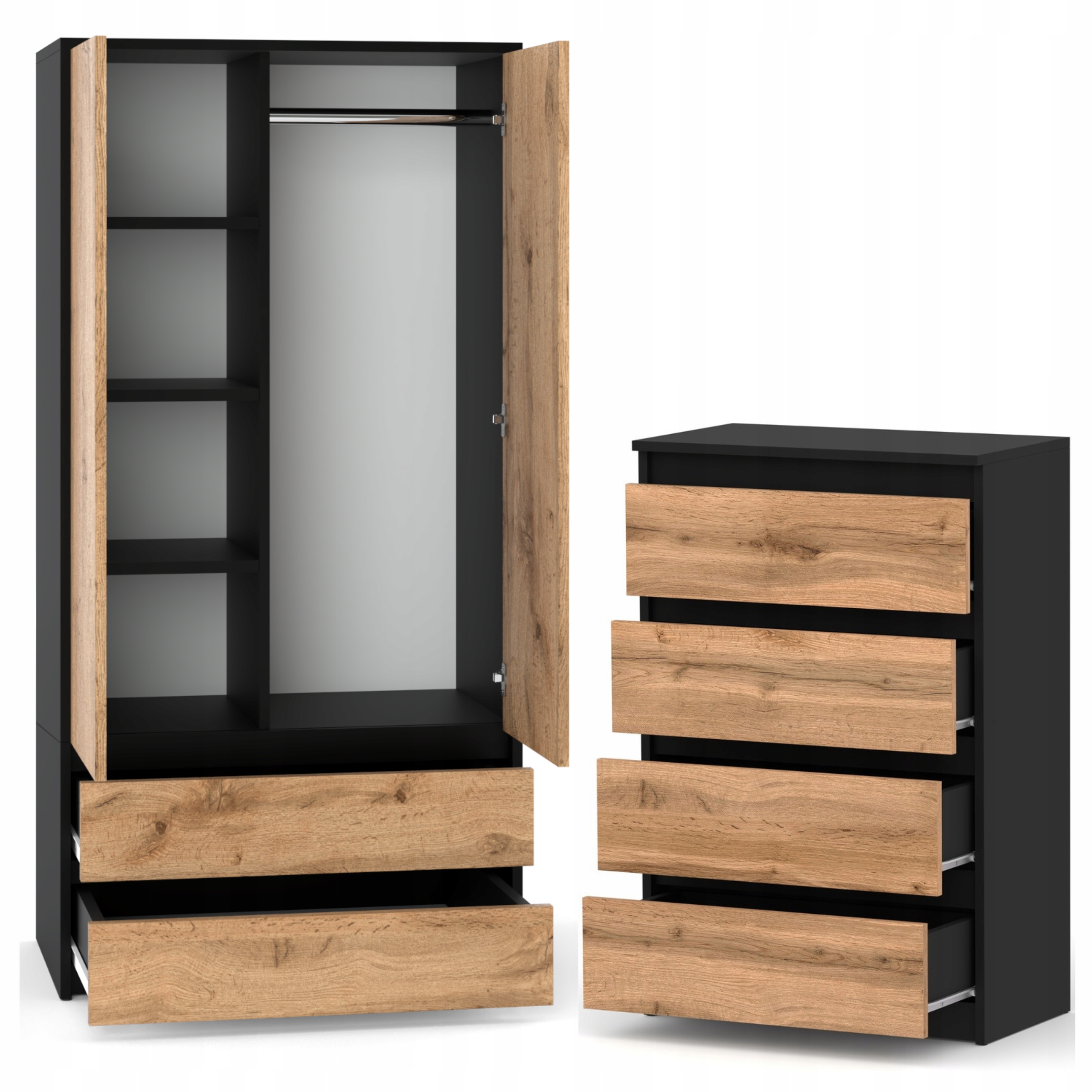 Set De Meuble De Rangement - Armoire 90 Cm + Commode 4 Tiroirs 60cm - Noir + Chêne Wotan- Moderne Et Pratique