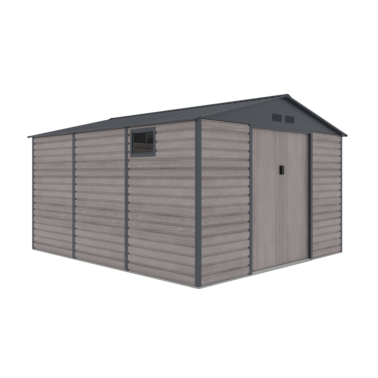 Abri De Jardin En Métal Gardiun Surrey 13 M2 Extérieur 340x382x226 Cm En Acier Avec Fenêtre Latérale Et Effect Bois Gra