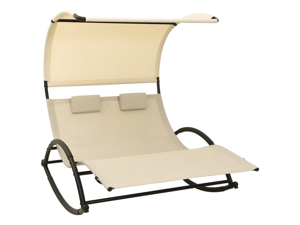 Transat Chaise Longue Bain De Soleil Lit De Jardin Terrasse Meuble D'extérieur Double Avec Auvent Textilène Crème 02_001