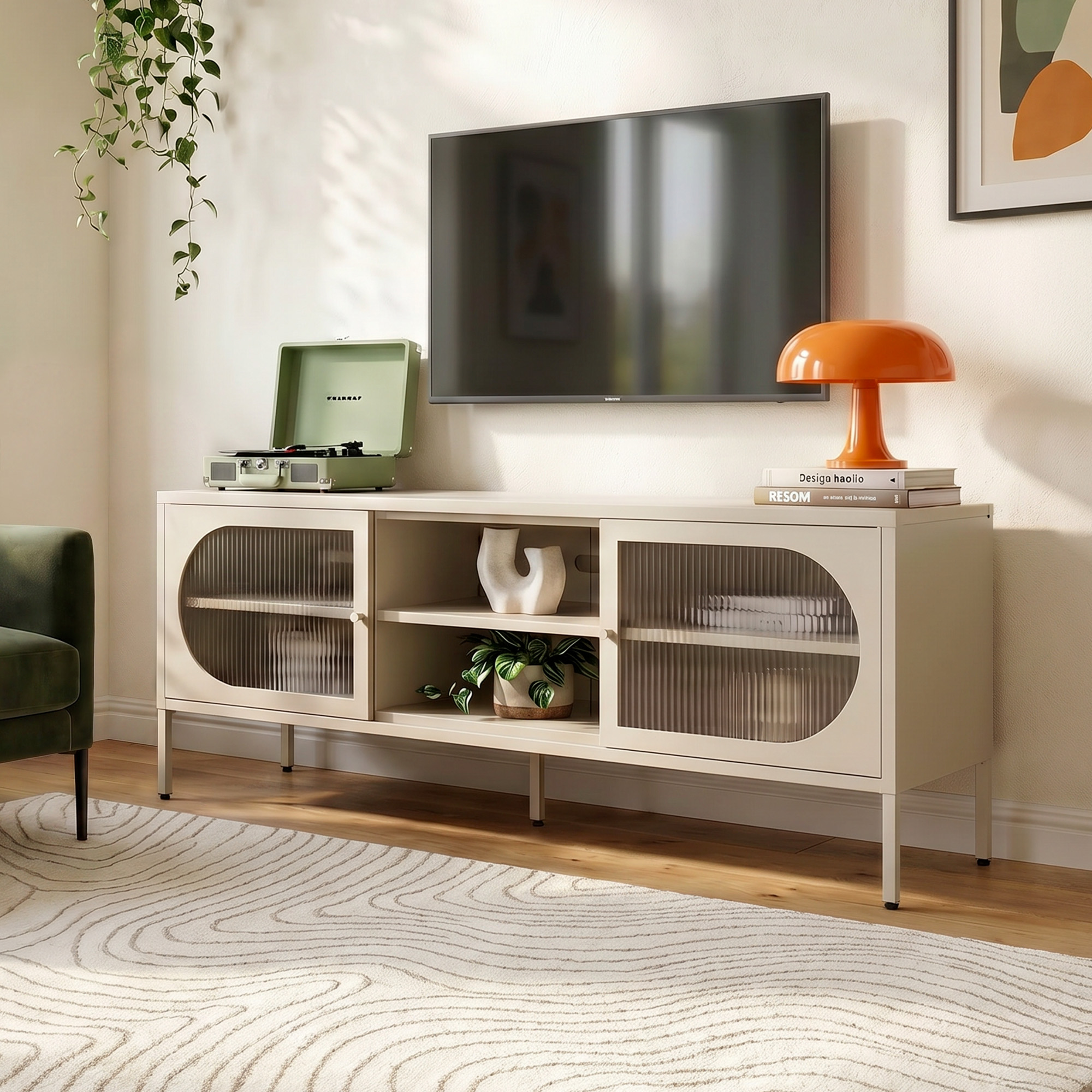 Sicaan Meuble Tv Industriel En Métal Beige 160 Cm 2 Portes En Verre Cannelé - Come