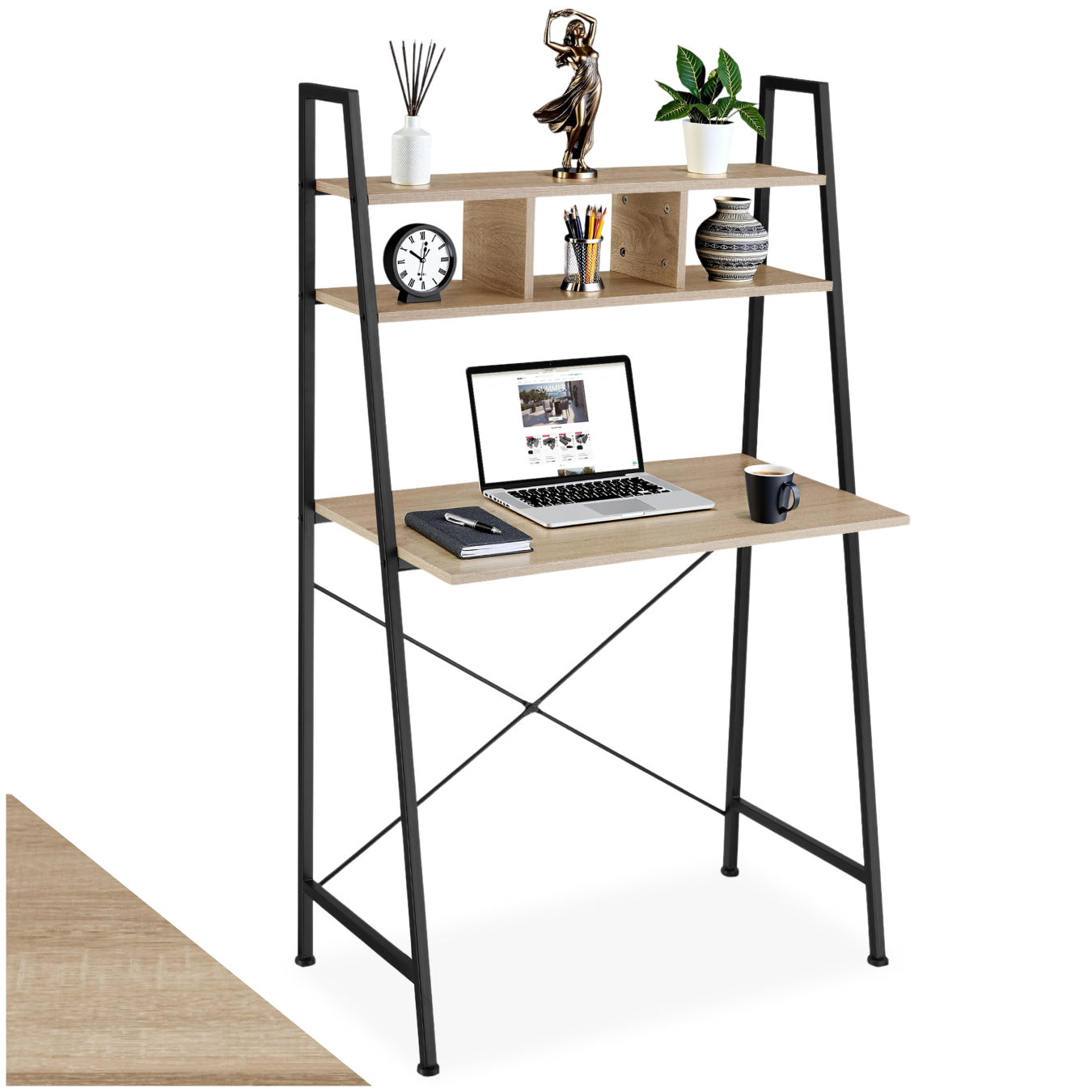 Bureau Style Industriel 3 Compartiments De Rangement Bois Clair