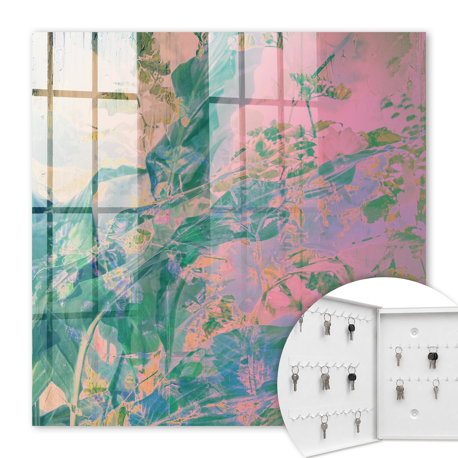 Armoire À Clés - (30 Cm X 30 Cm) - Boîte À Clés Murale - Coffret De Rangement Pour Clés - Couleur Blanche - Ouverture Vers La Gauche - Pour Maison Et Bureau - Abstraction Végétale