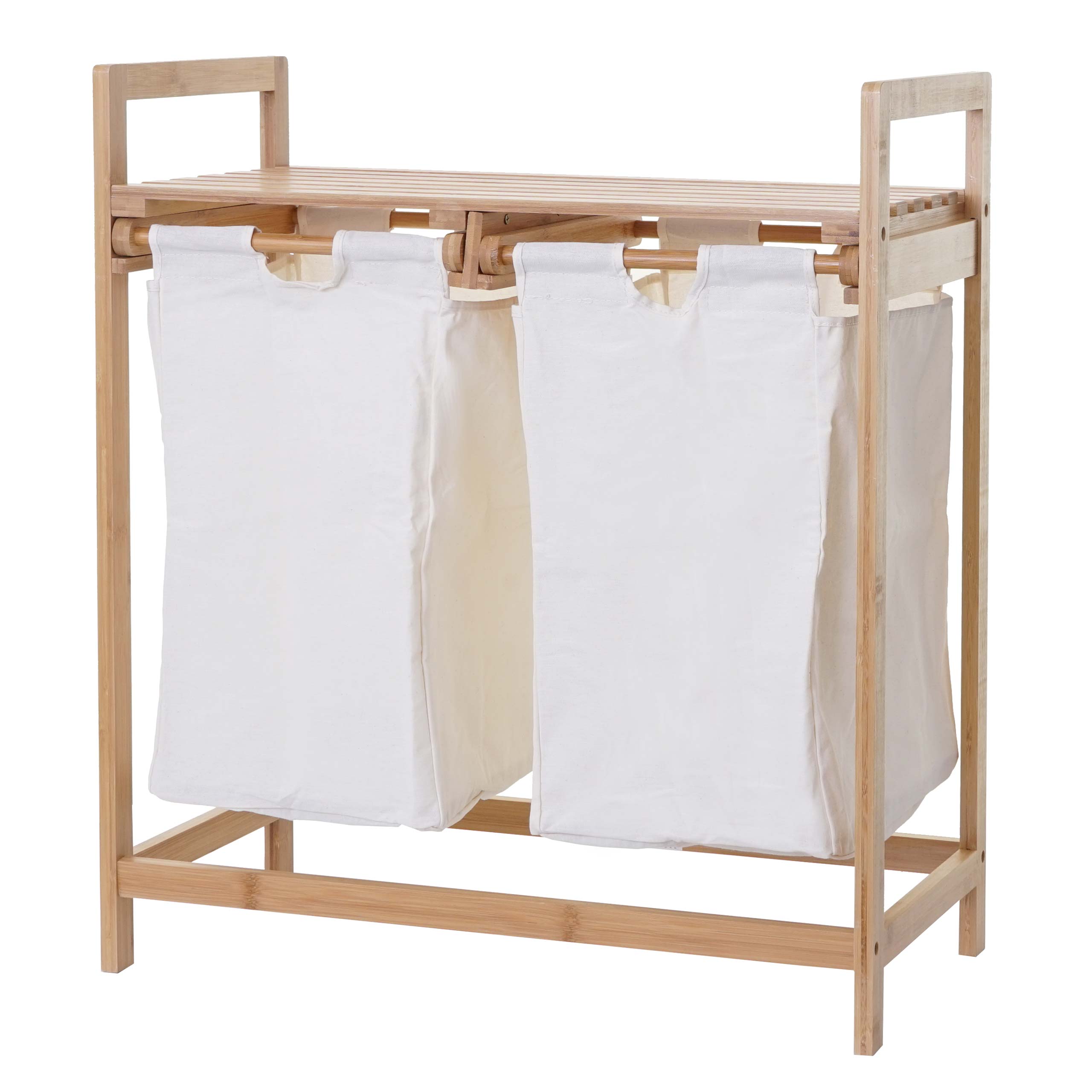 Panier À Linge Trieur À Linge En Bambou 2 Compartiments 74x64x33cm 70l Blanc 04_0001293