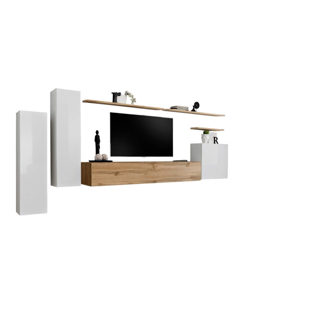 Meublorama - Ensemble De Meubles De Salon Collection Switch I Design, Coloris Blanc Brillant Et Chêne Wotan.