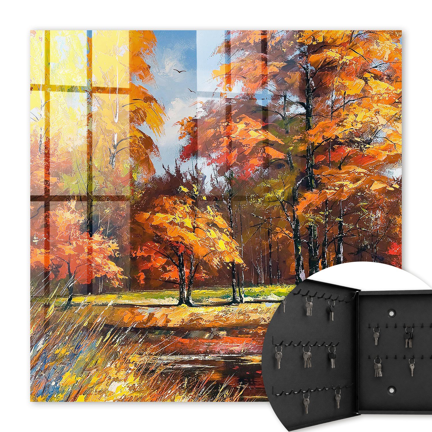 Armoire À Clés - (30 Cm X 30 Cm) - Boîte À Clés Murale - Coffret De Rangement Pour Clés - Couleur Noire - Ouverture Vers La Gauche - Pour Maison Et Bureau - Paysage D'Automne