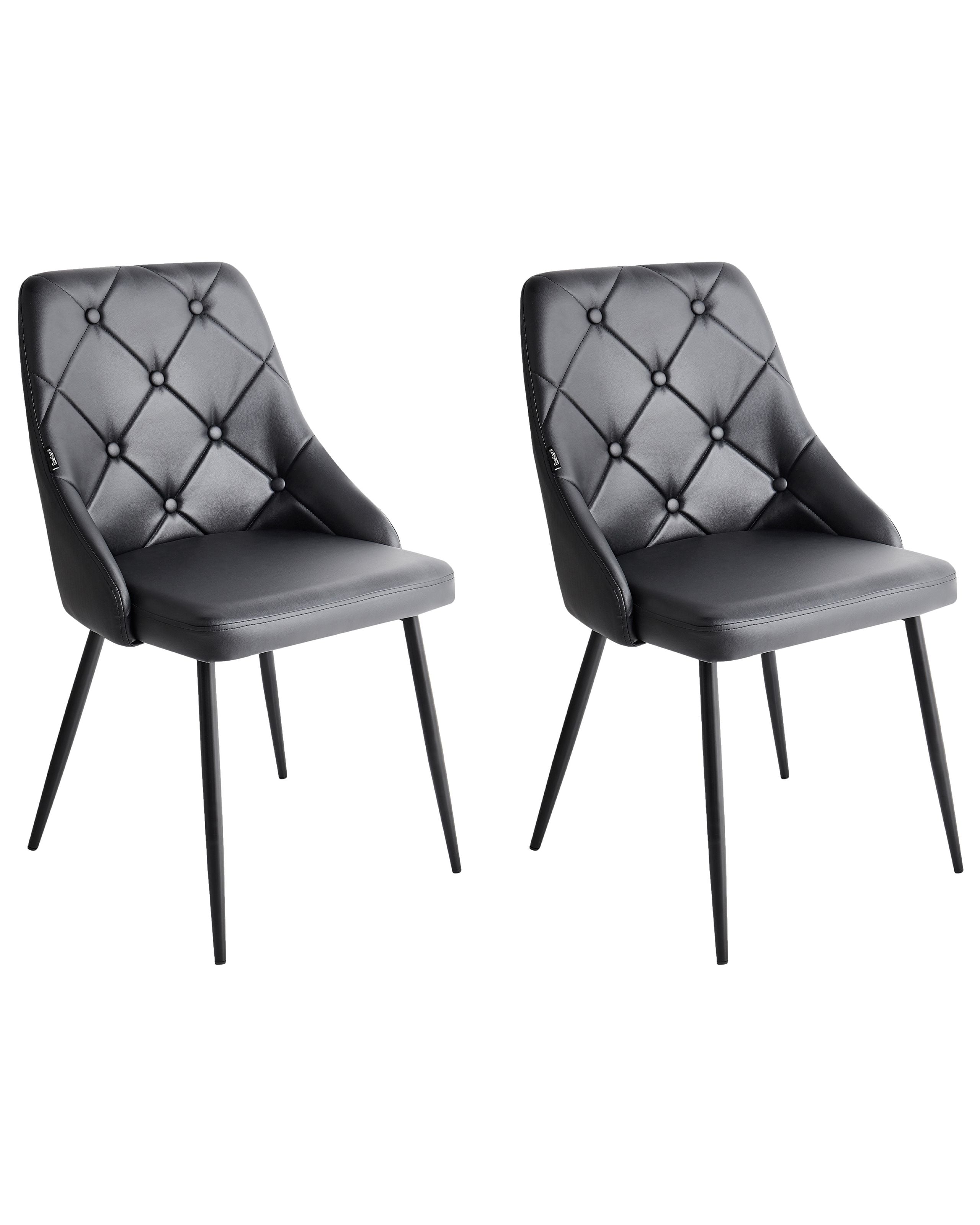Lot 2 Chaises Vintage Tapissées Effet Cuir Noir Avec Dossier Capitonné Et Pieds Noirs Design Tendance Pour Salle À Manger Rétro Beliani